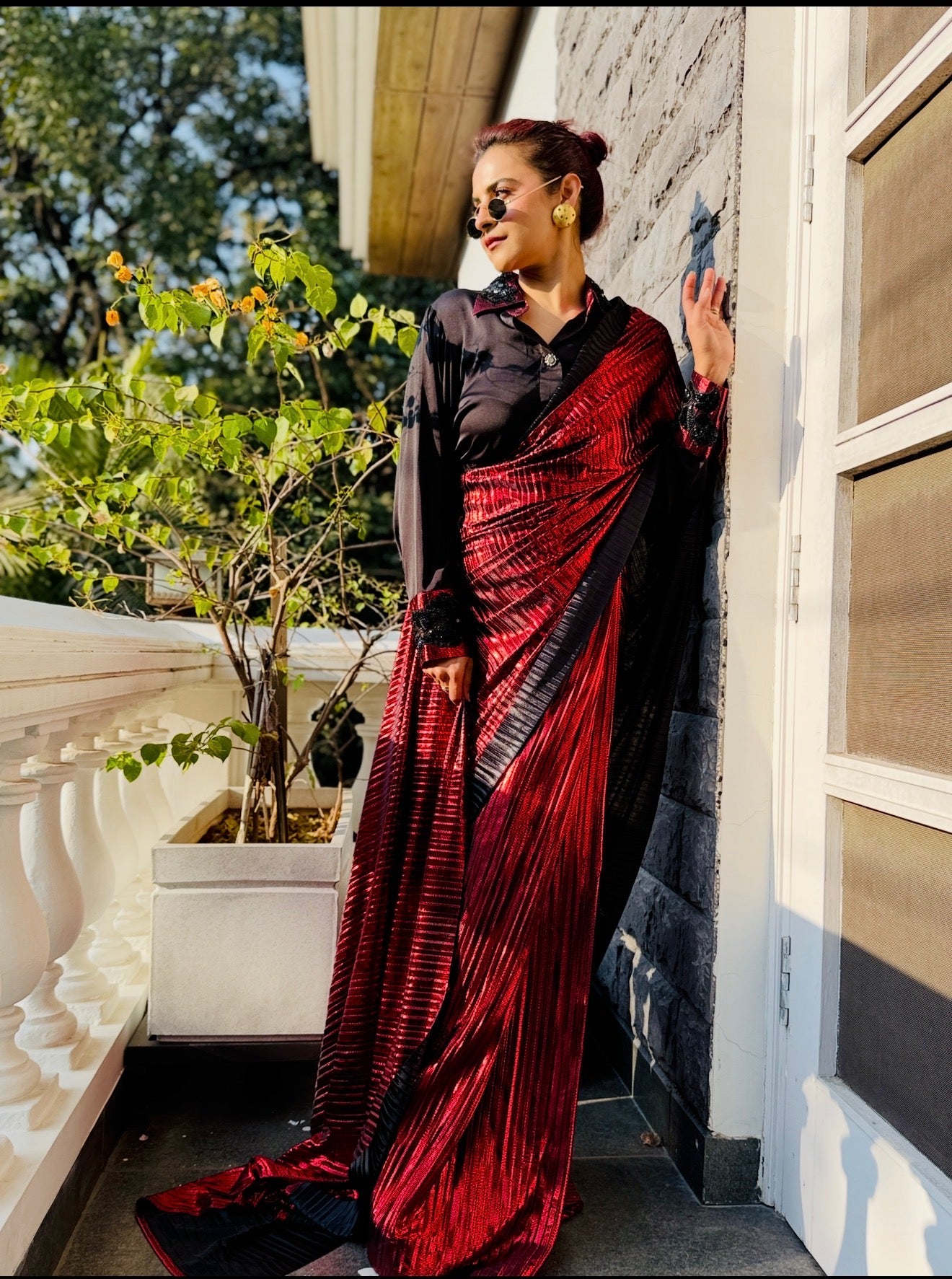 Venetian Red power drape saree blazer set