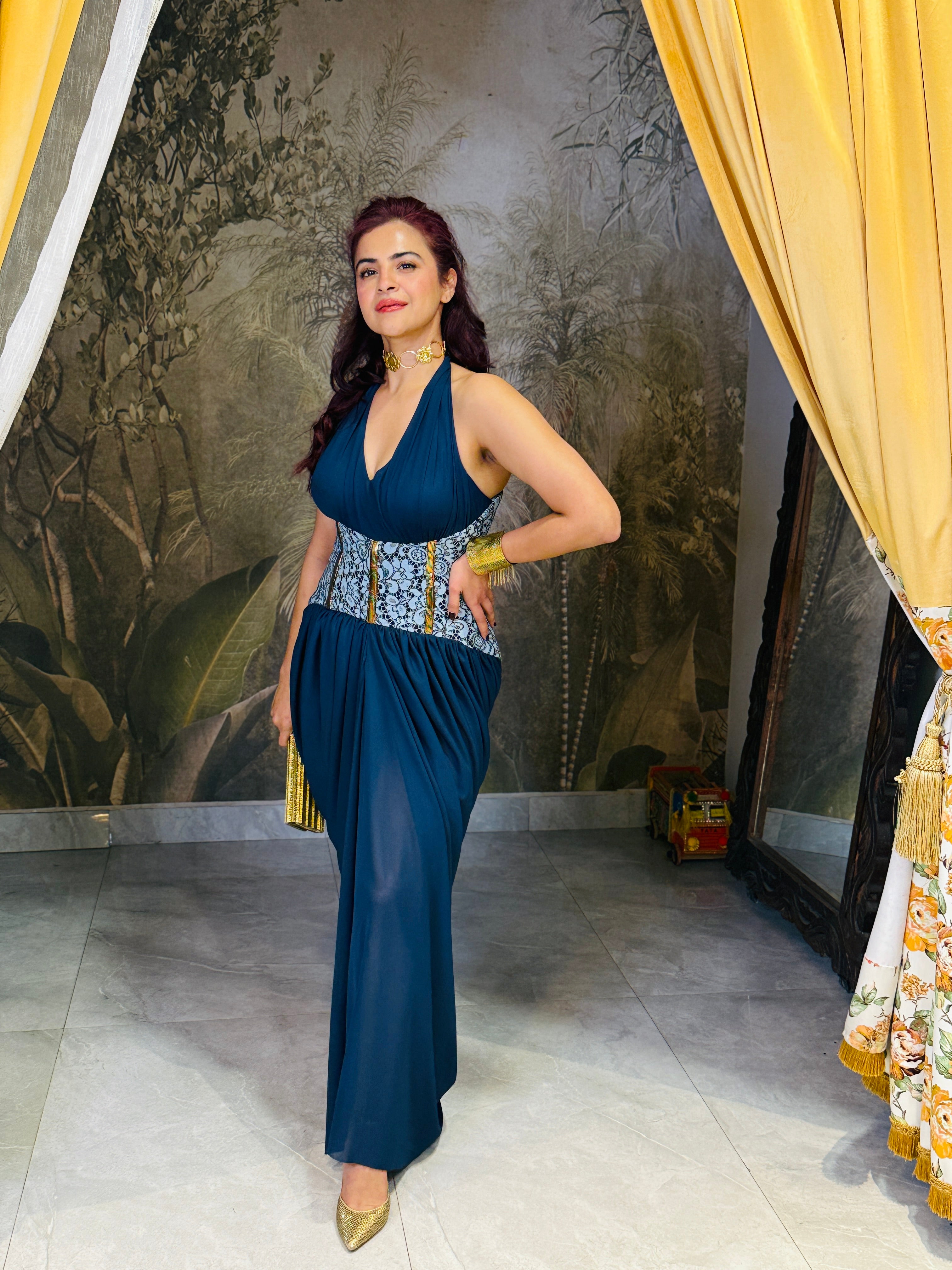 Saphire blue  V-neck Lycra corset gown .