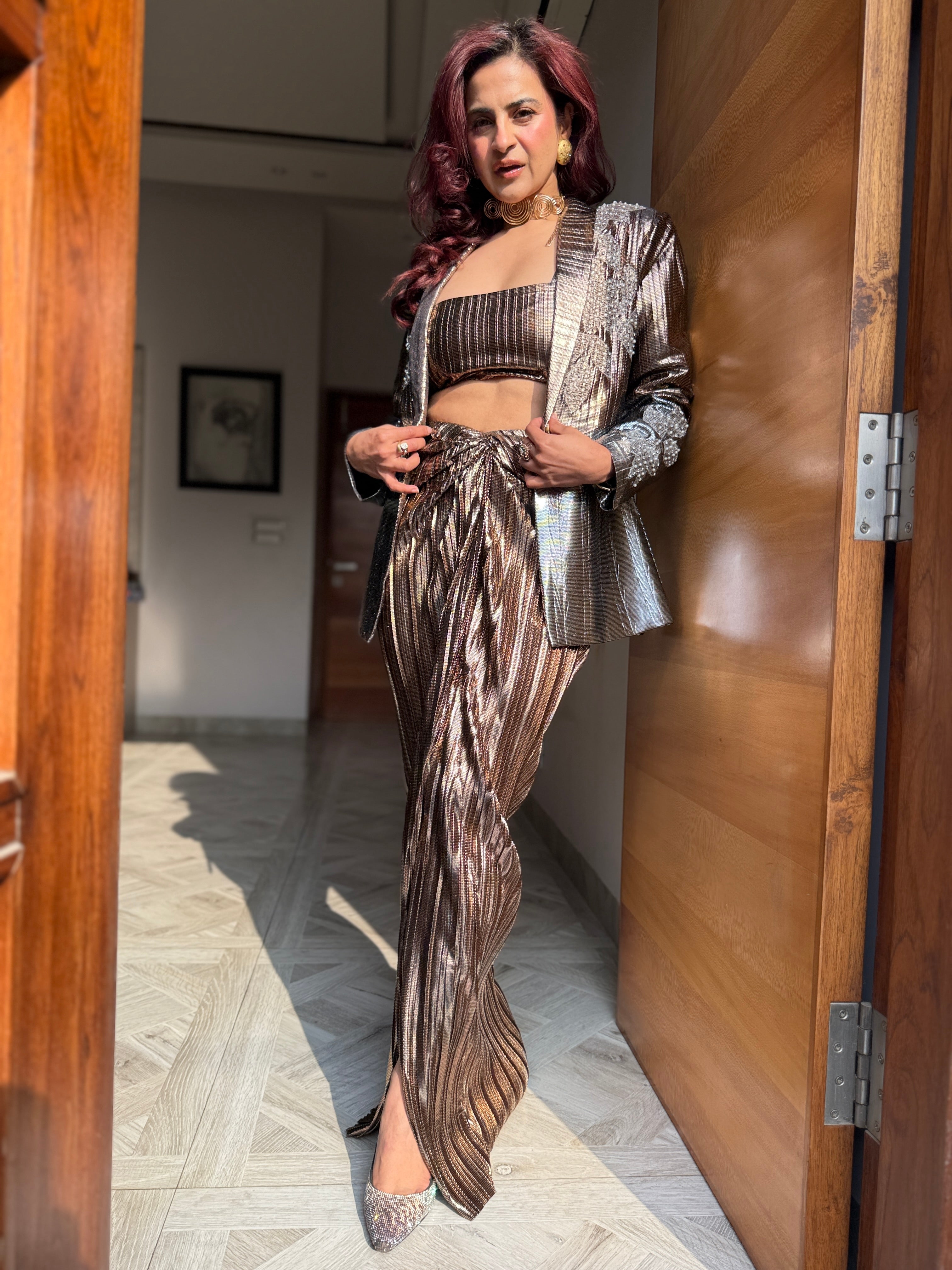 Copper foil  half and half Lust Power Drape Skirt Suit