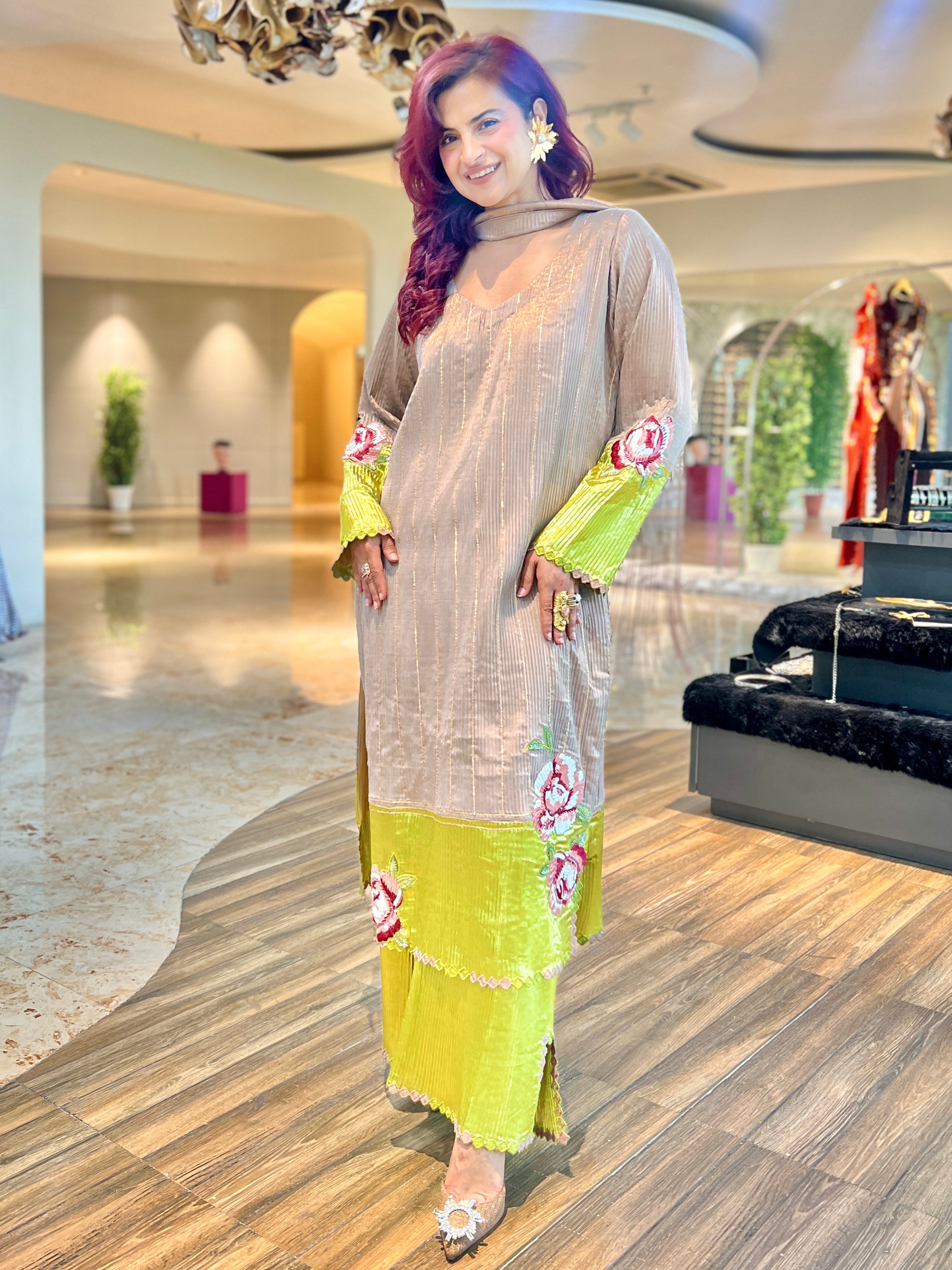 Zuri beige green shimmer gota striped suit set