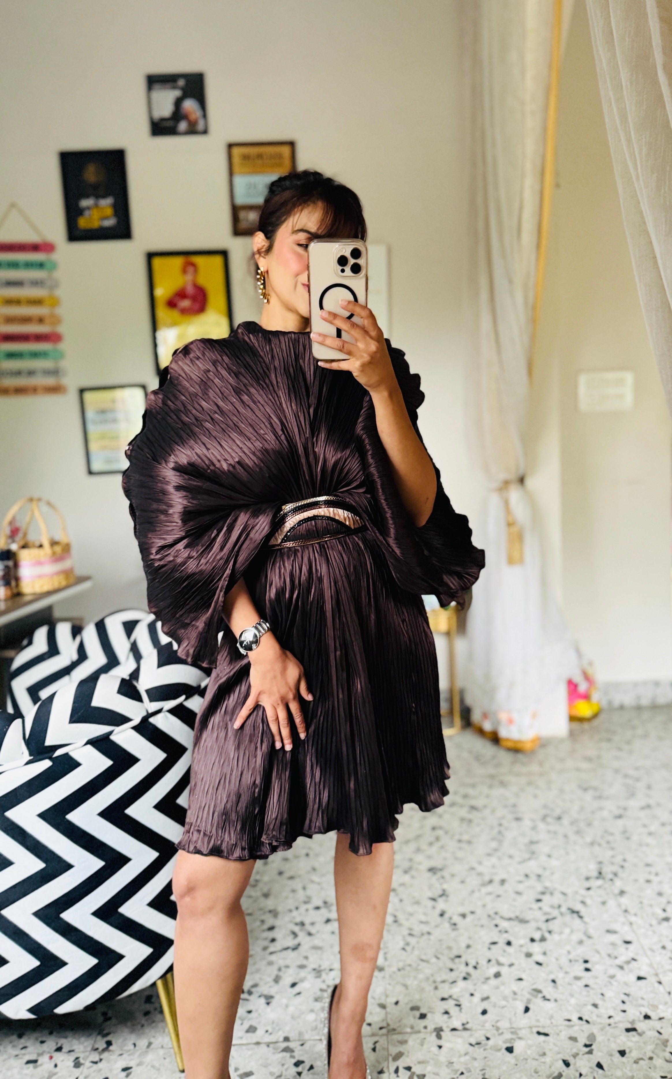 brown gauze dress with belt