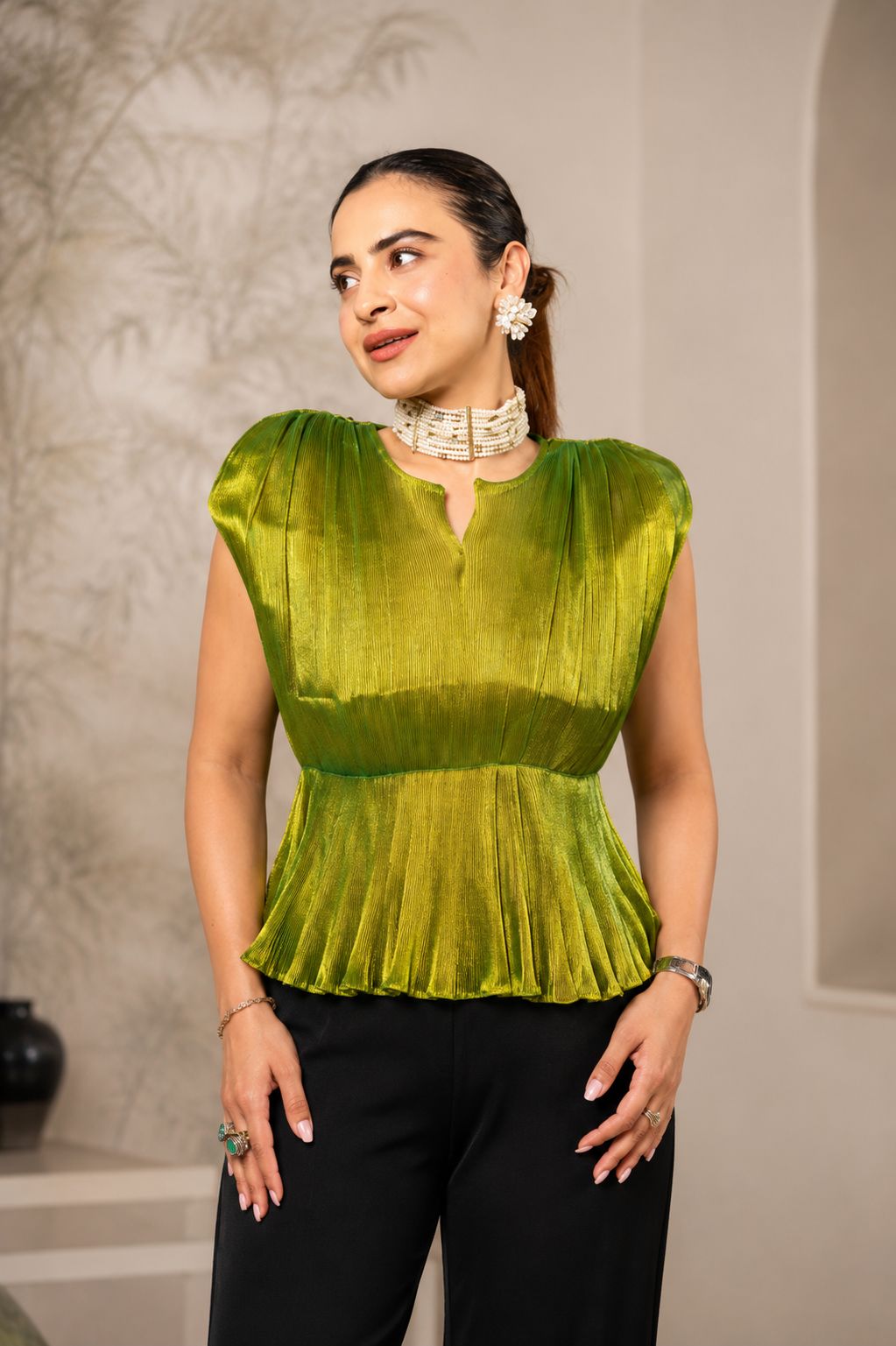 Green ruched moonlift top
