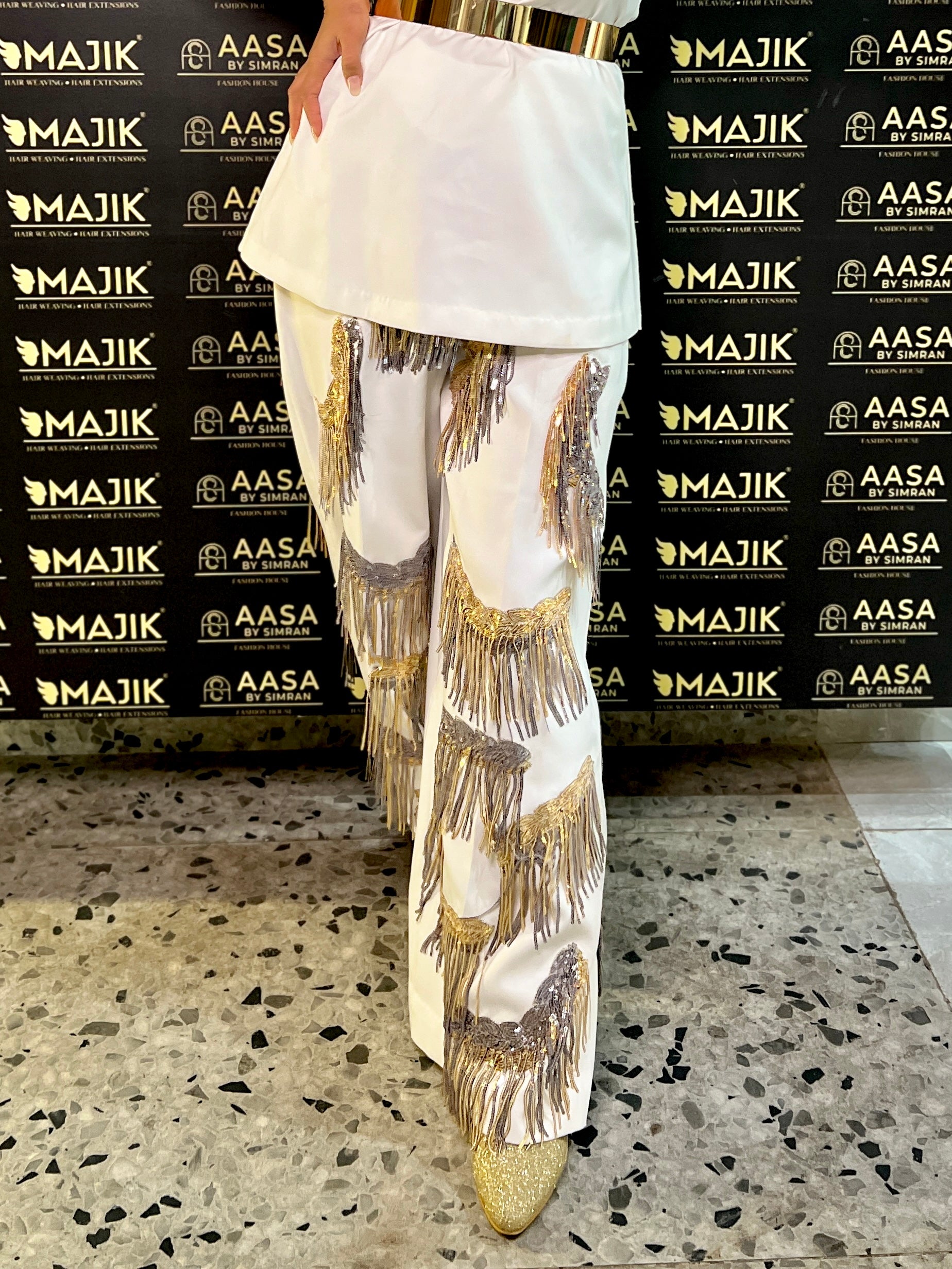 Ivory white pants with silver & gold tassels