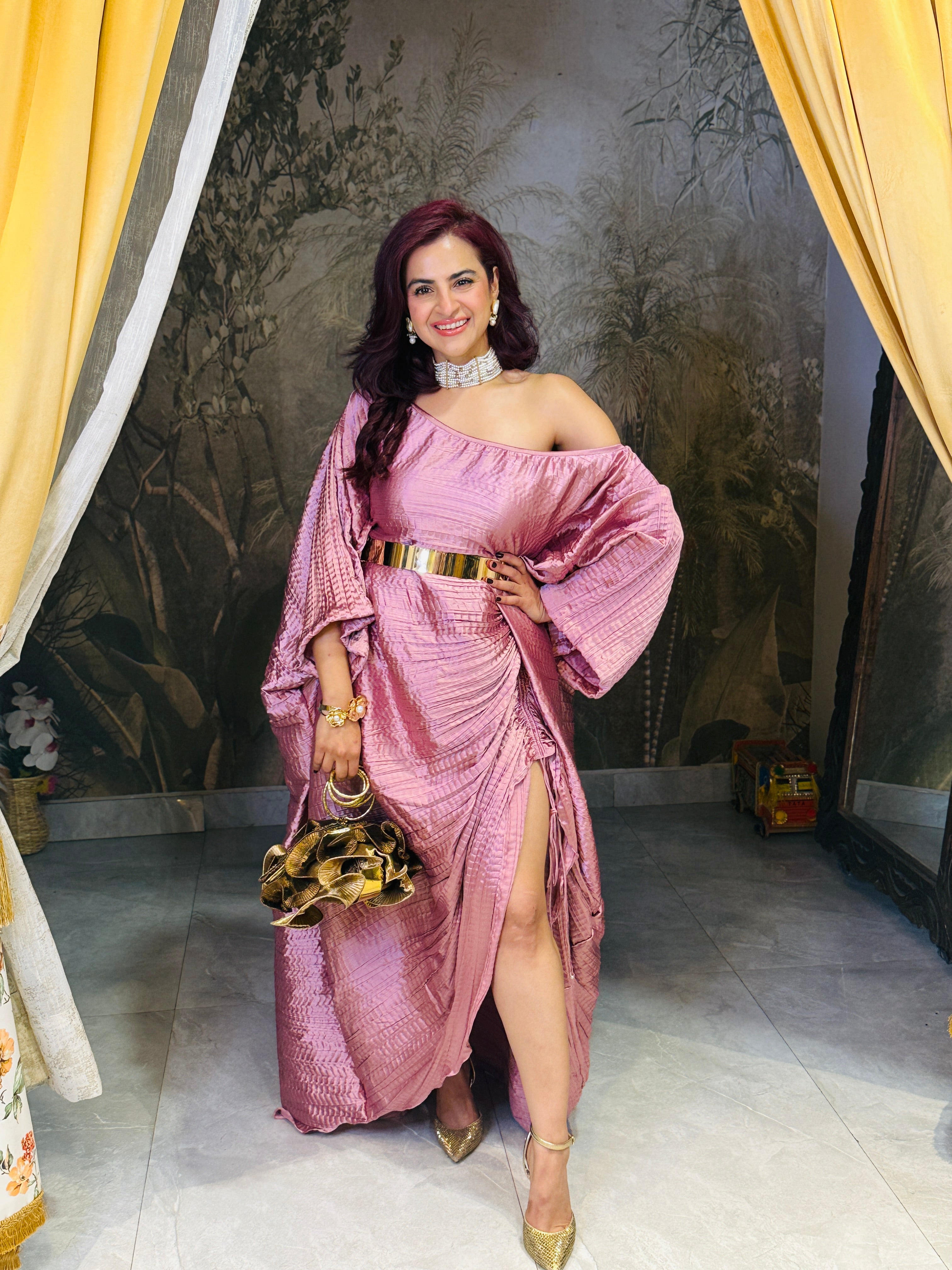 Opera mauve ruched kaftan with steel belt