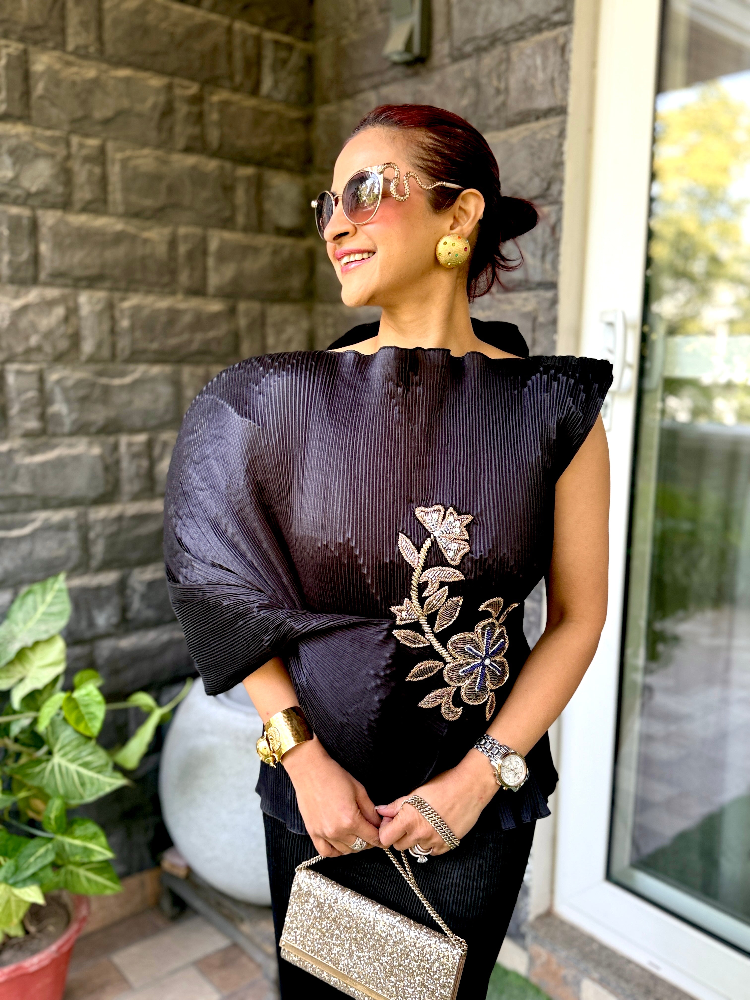 Midnight Embroidered Lunar Bloom Top in Black