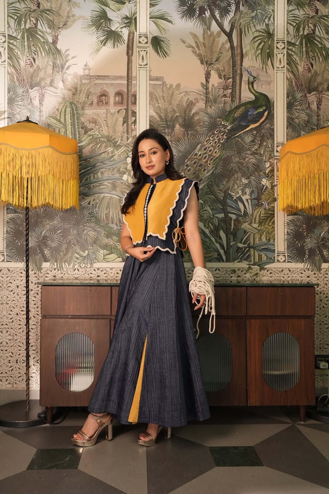 Golden Dusk Skirt Set in Blue and Mustard