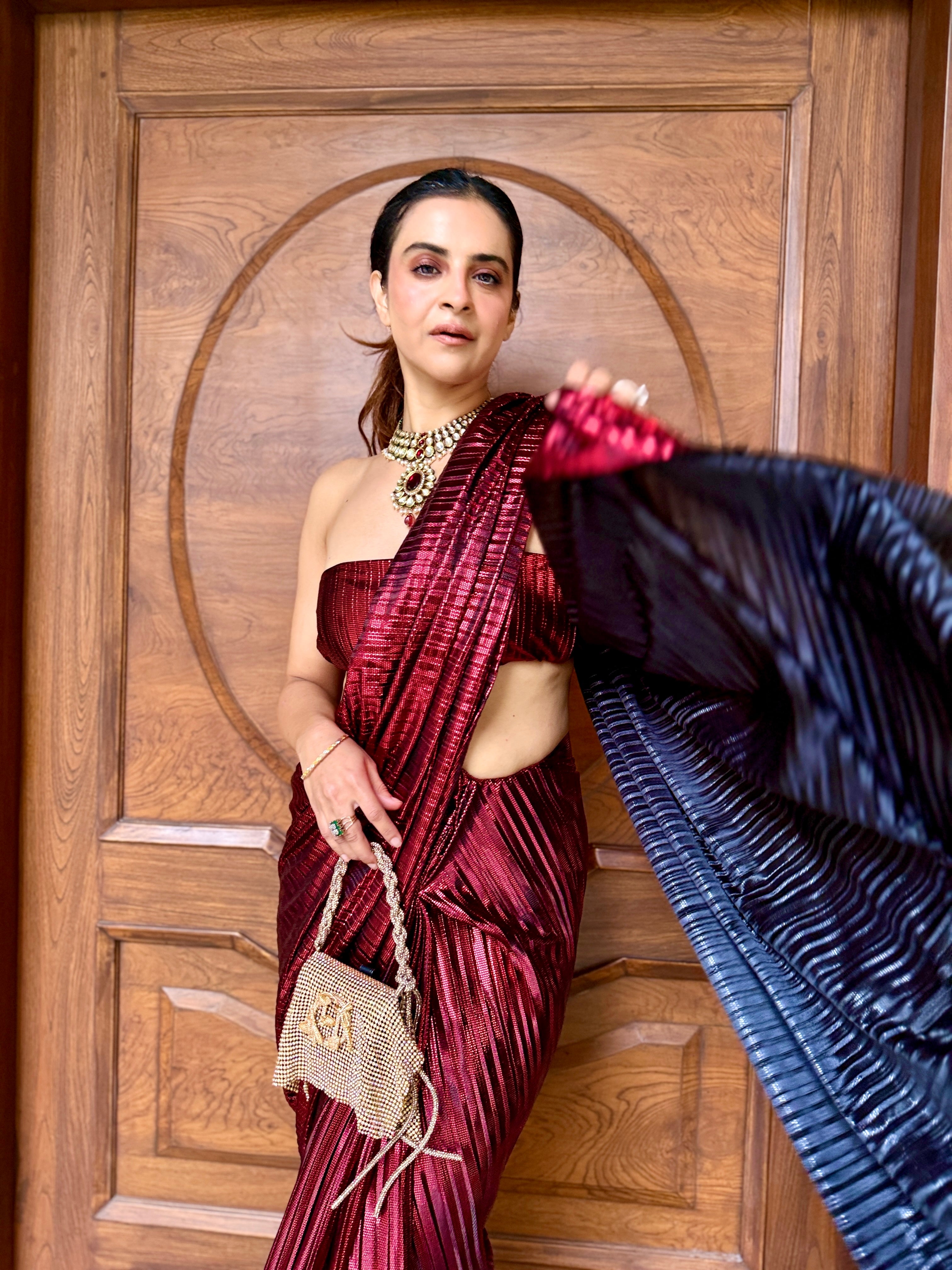 Venetian Red pre-draped saree set