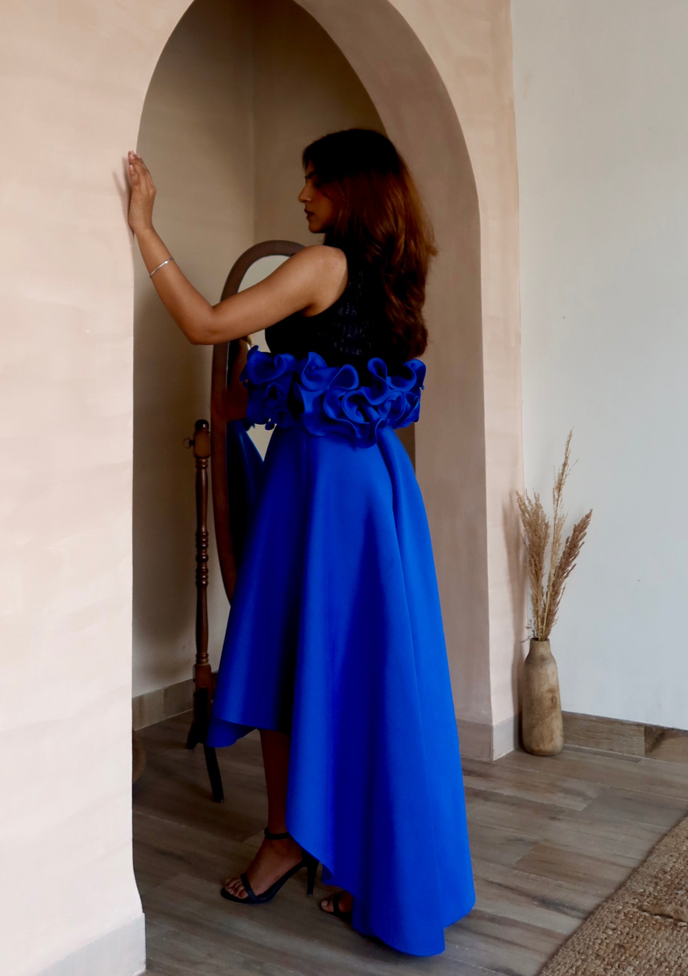 Ruffle  Drama Skirt Set in blue and black