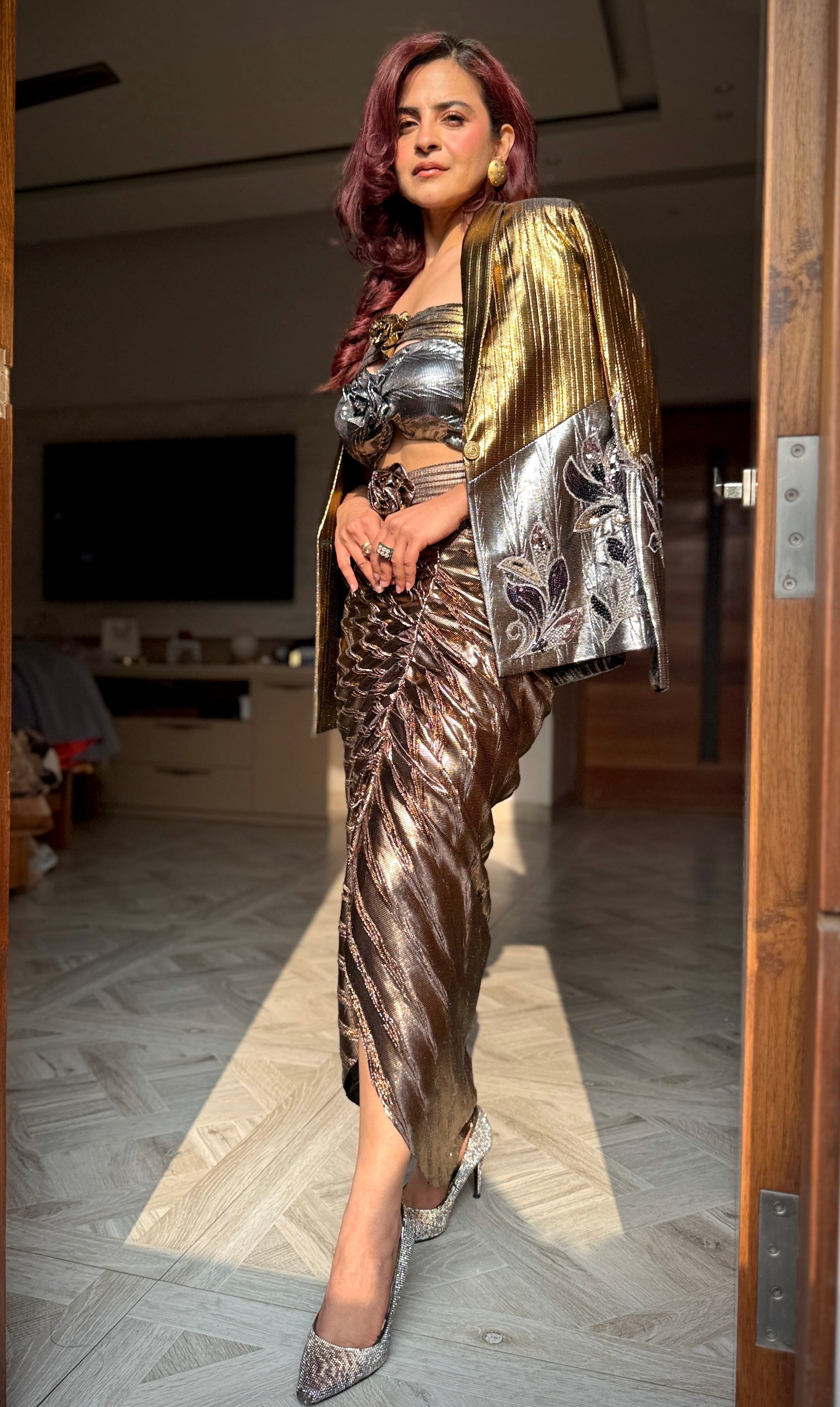 Aurora Alloy Power Blazer with foil cut-out Gown