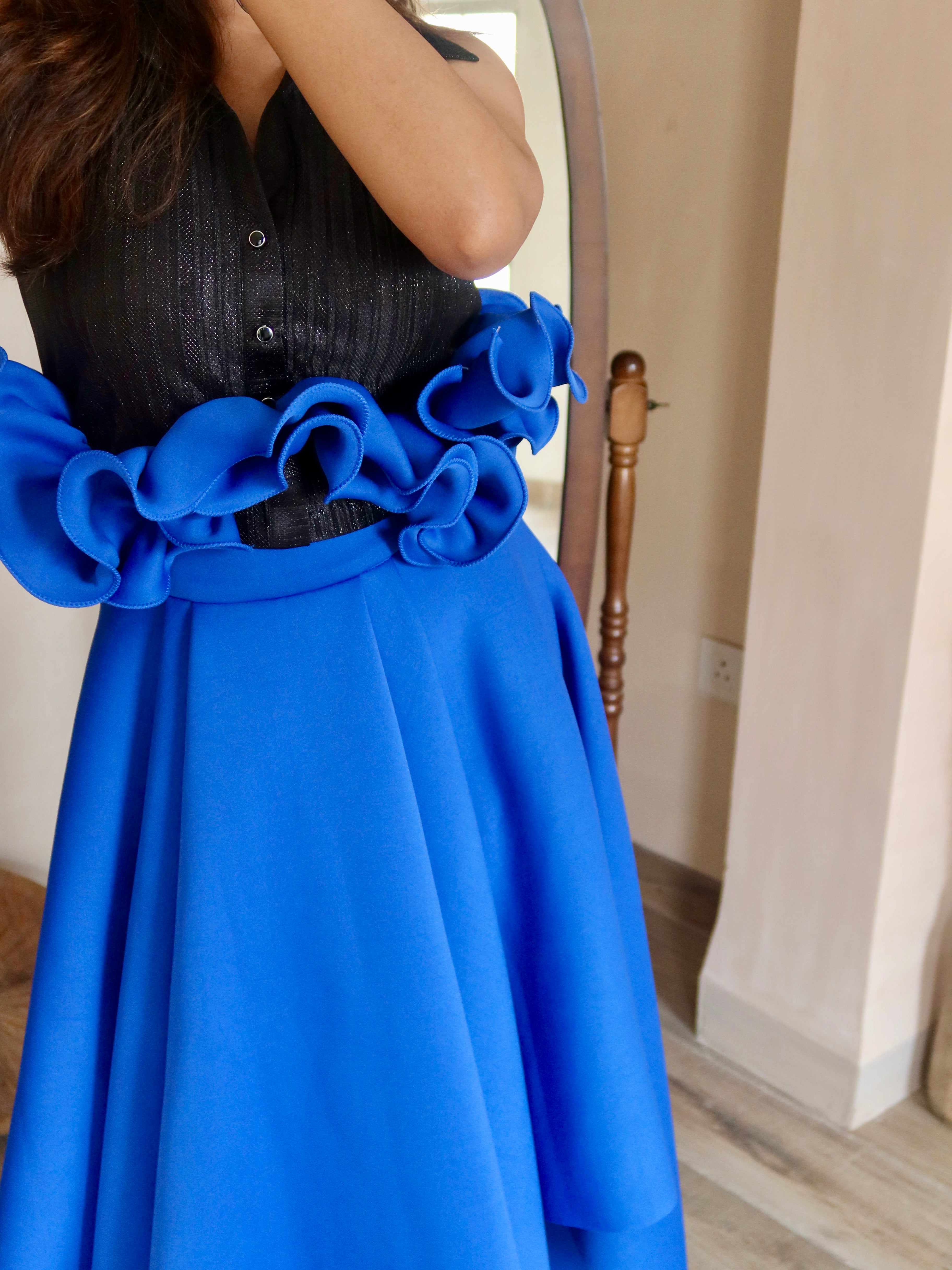 Collared Ruffle top in Blue & Black