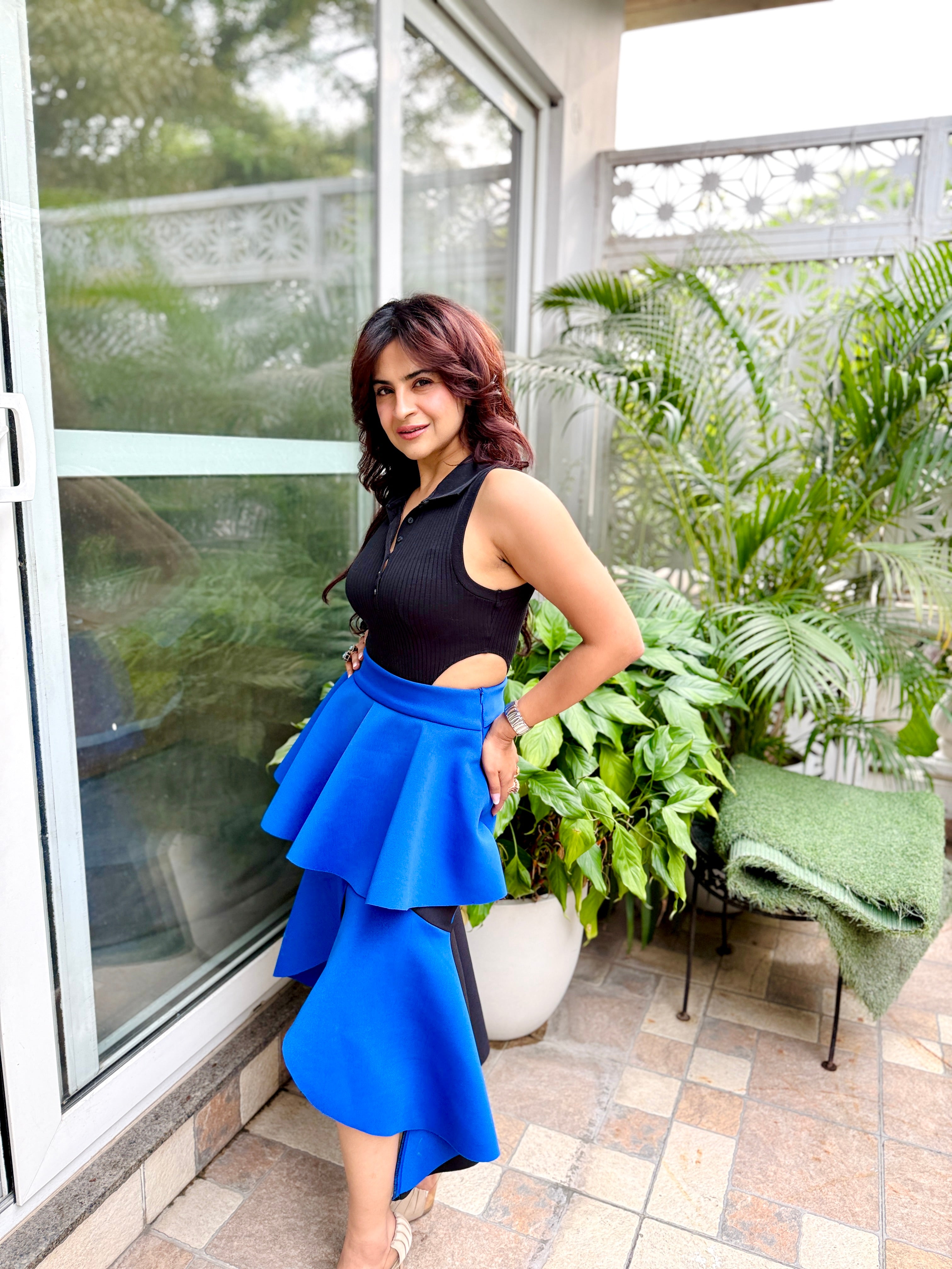 Ruffle Hi-Low Colorblock Skirt in Blue & Black