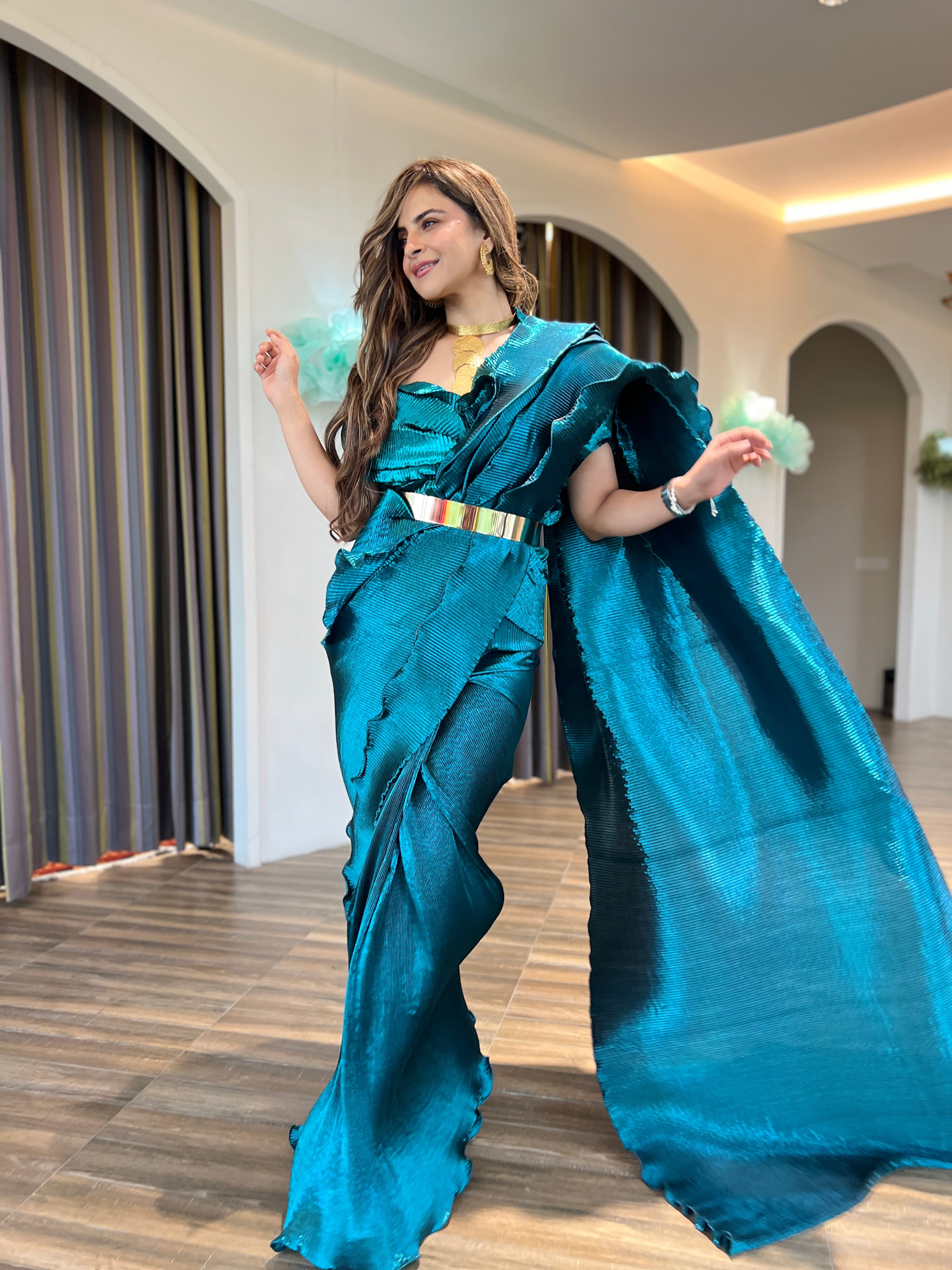 Teal blue pre draped shimmer silk saree