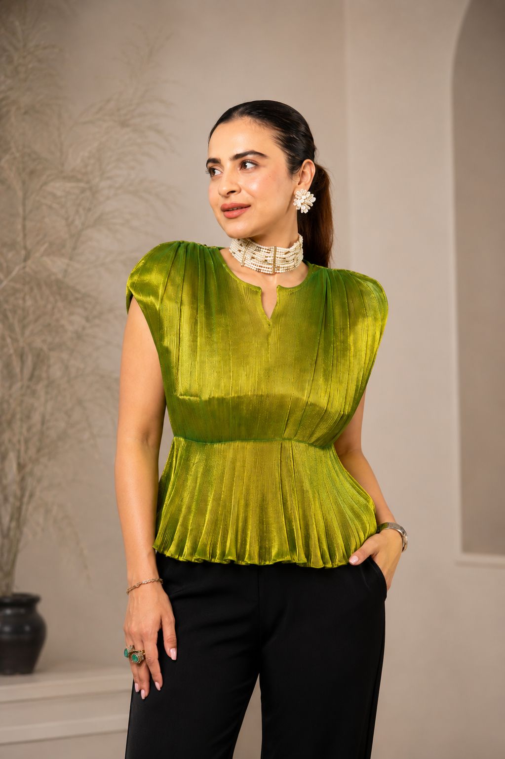 Green ruched moonlift top