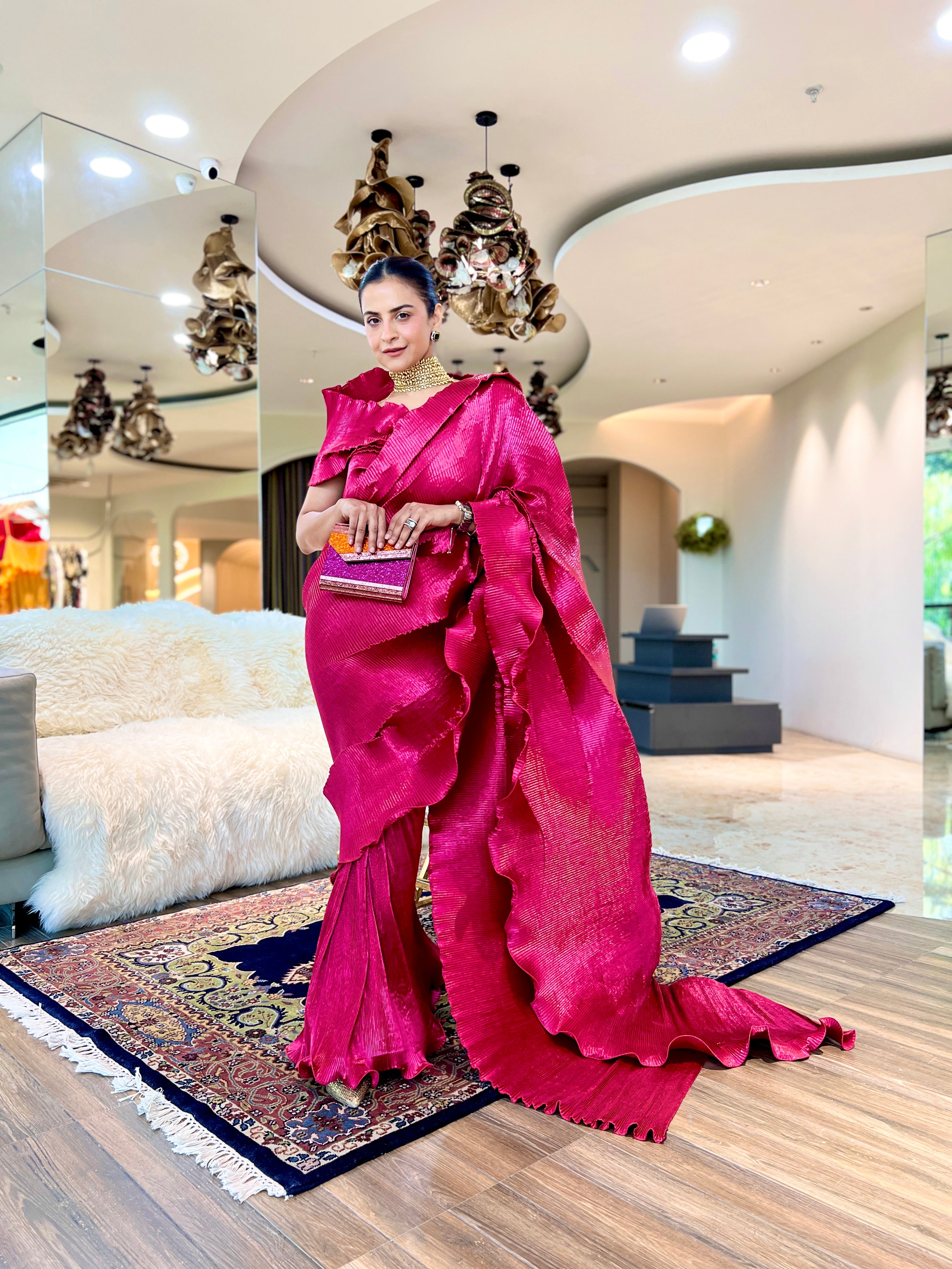 Fuchsia Pink pre draped shimmer silk saree