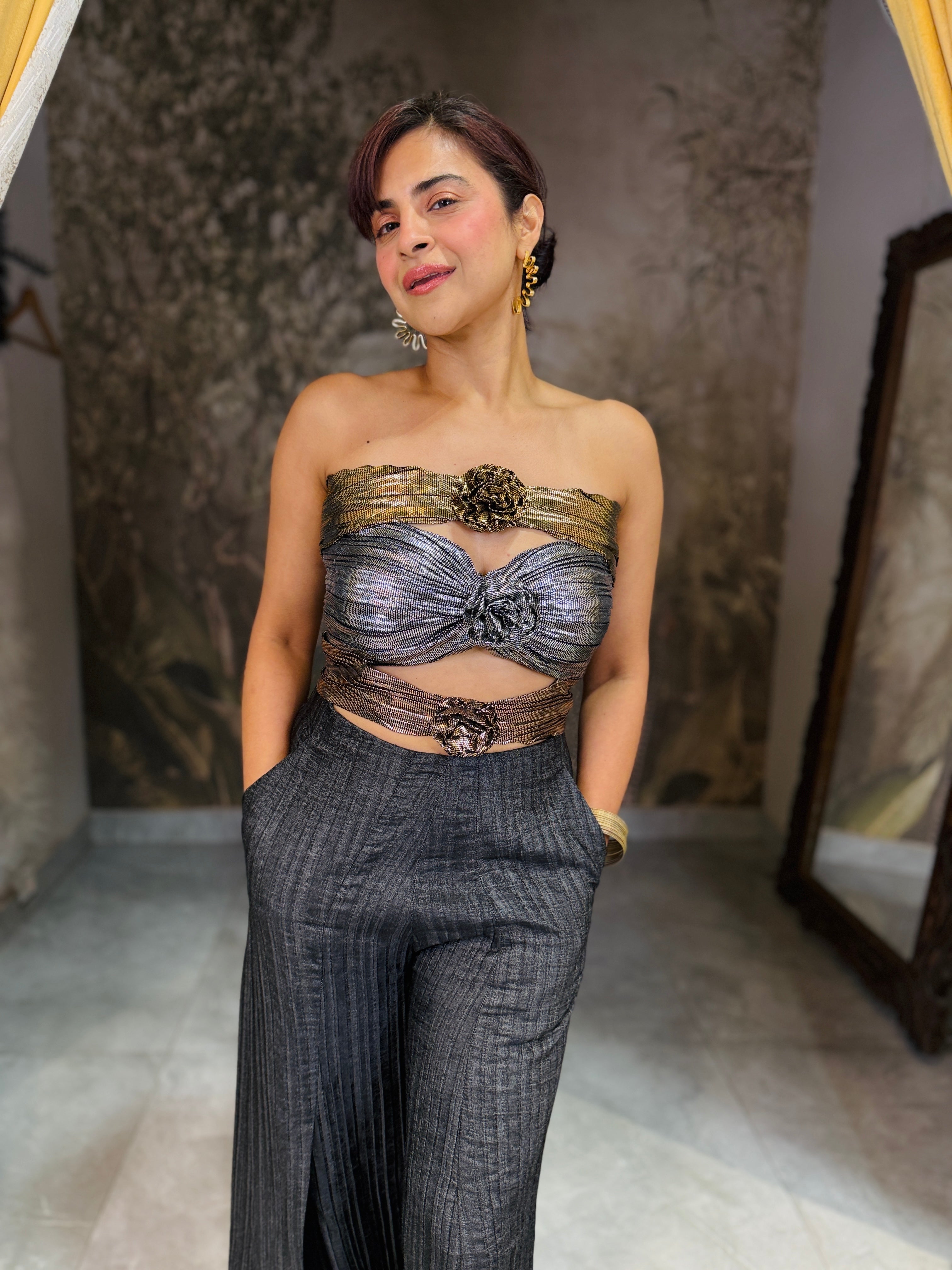 Foil jumpsuit with denim