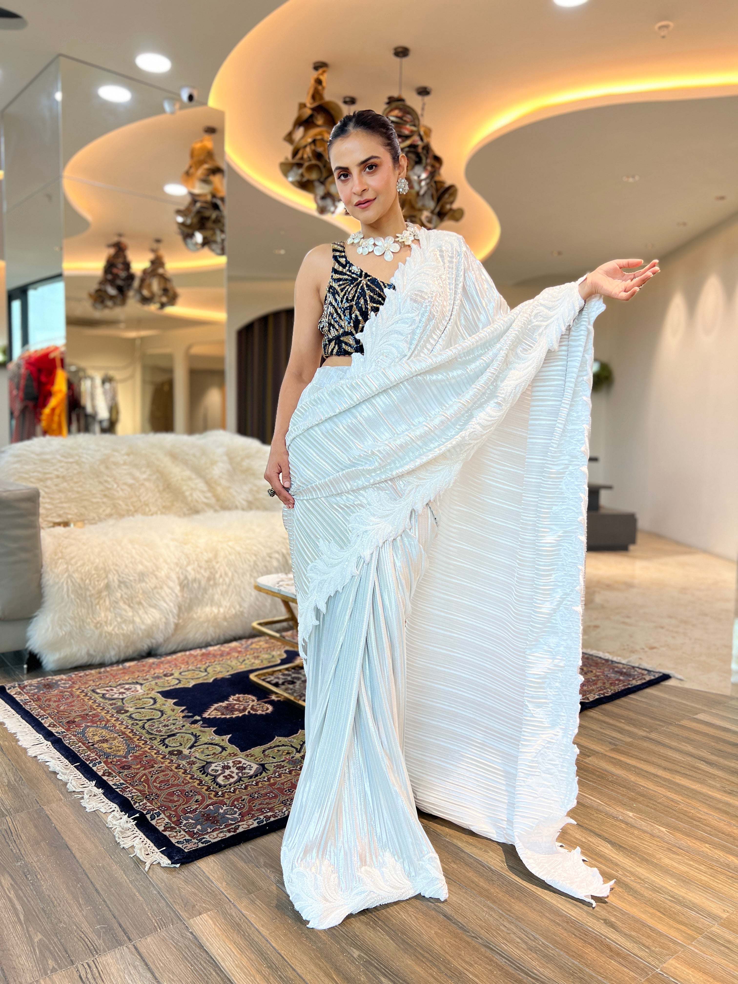 Zardosi Blouse with pre-draped Saree Set in Pearl White