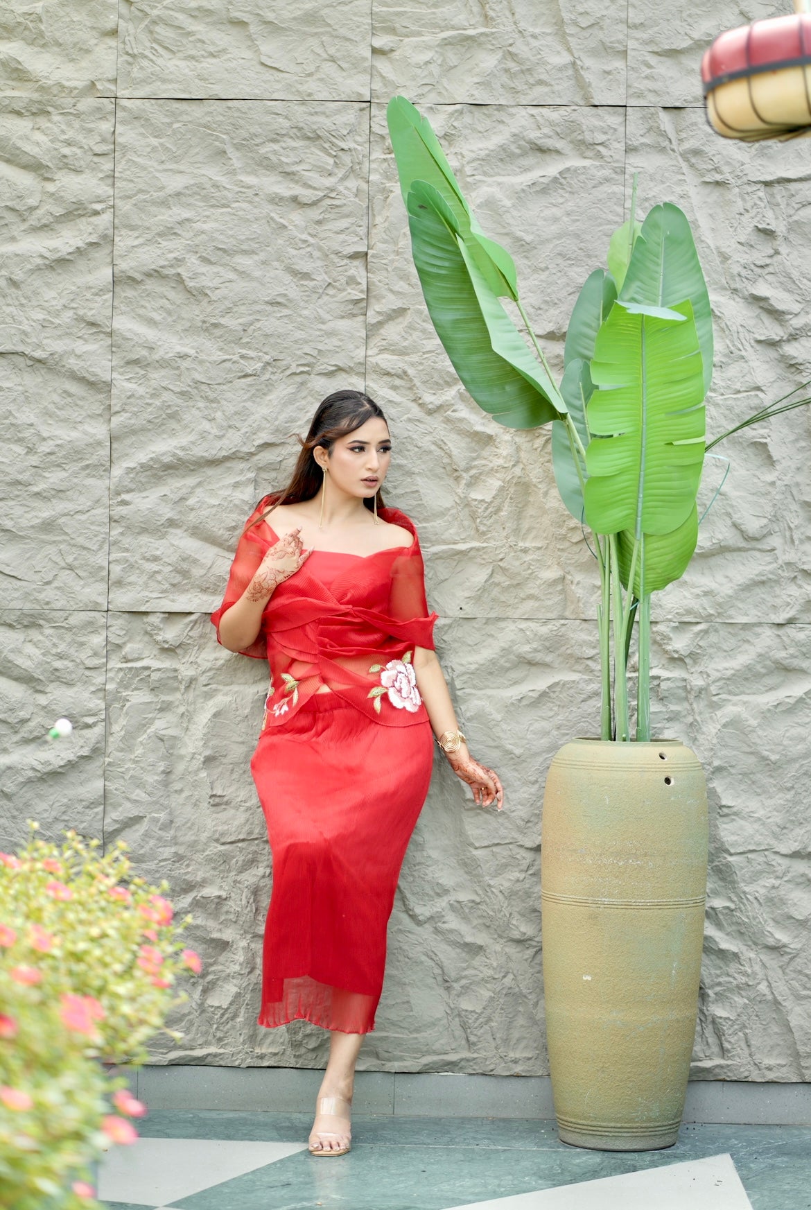 Red embroidered Multi drape skirt set