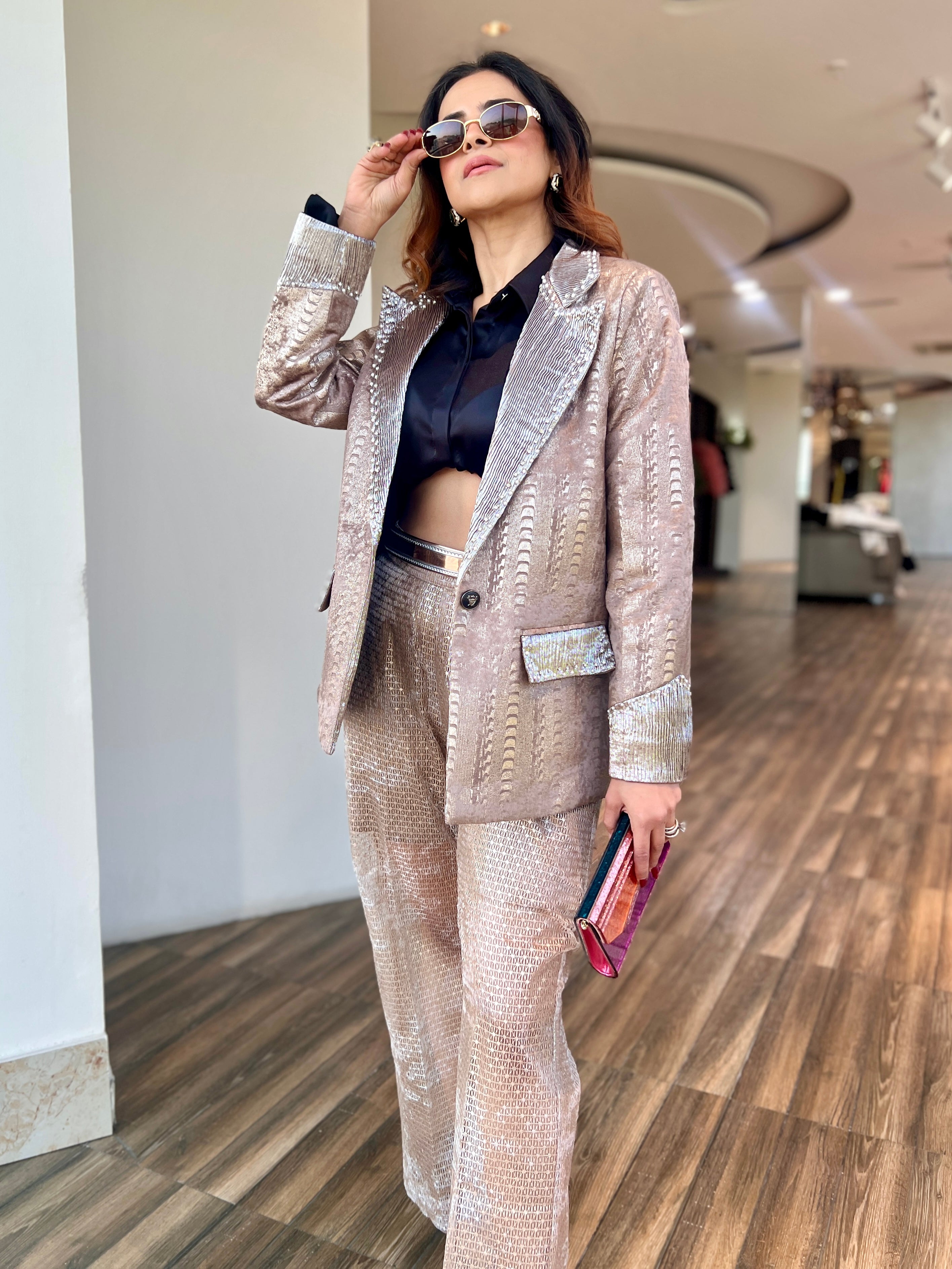 Champagne muse jacquard power blazer set