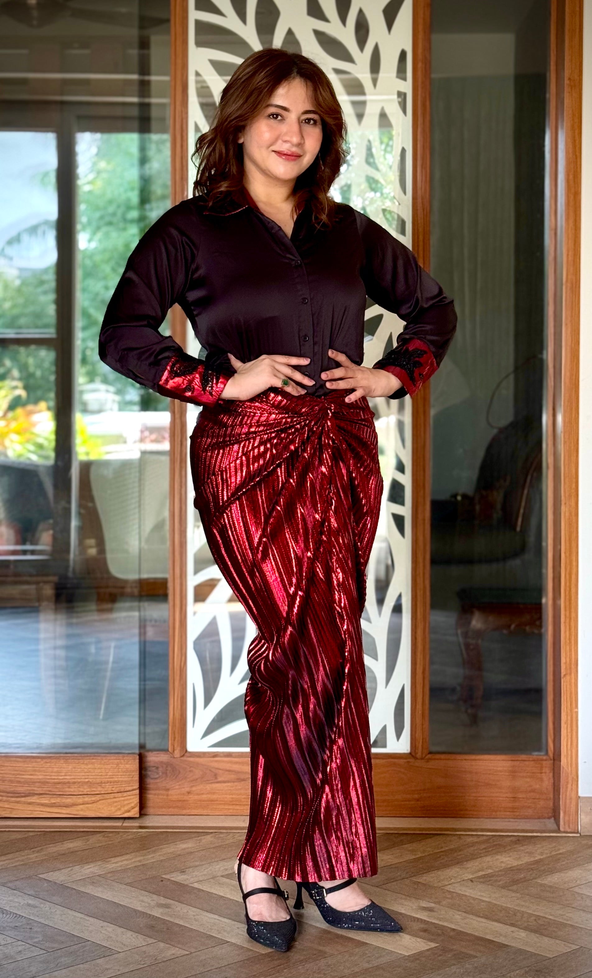 Black satin shirt with red embroidery