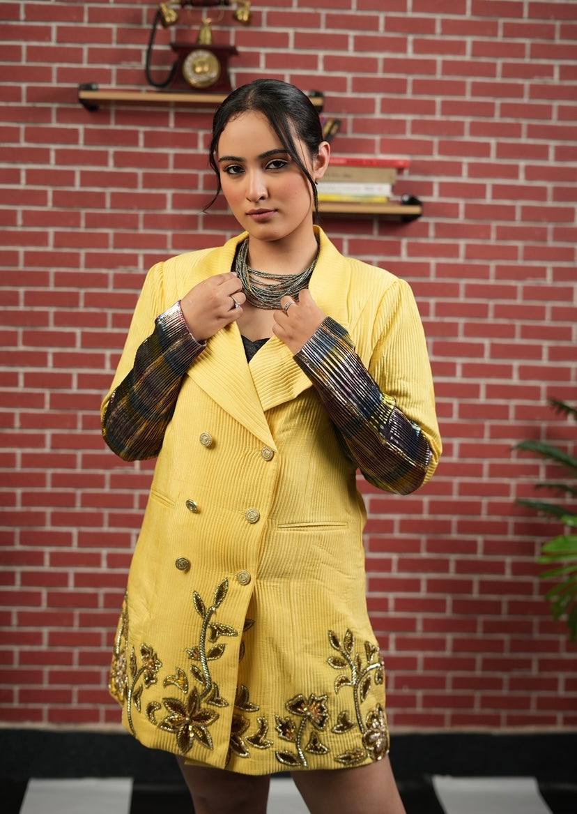 Sunlit Embroidered Blazer dress in Yellow