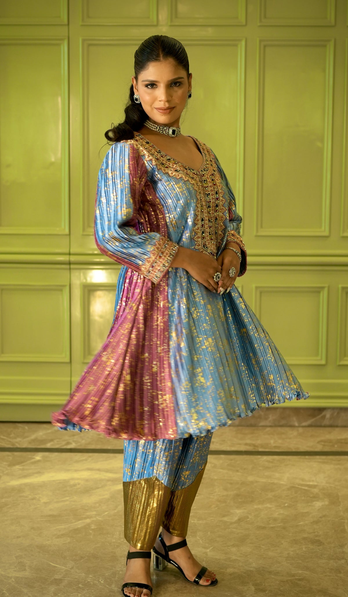 Anarkali suit with dupatta in Pink and Blue