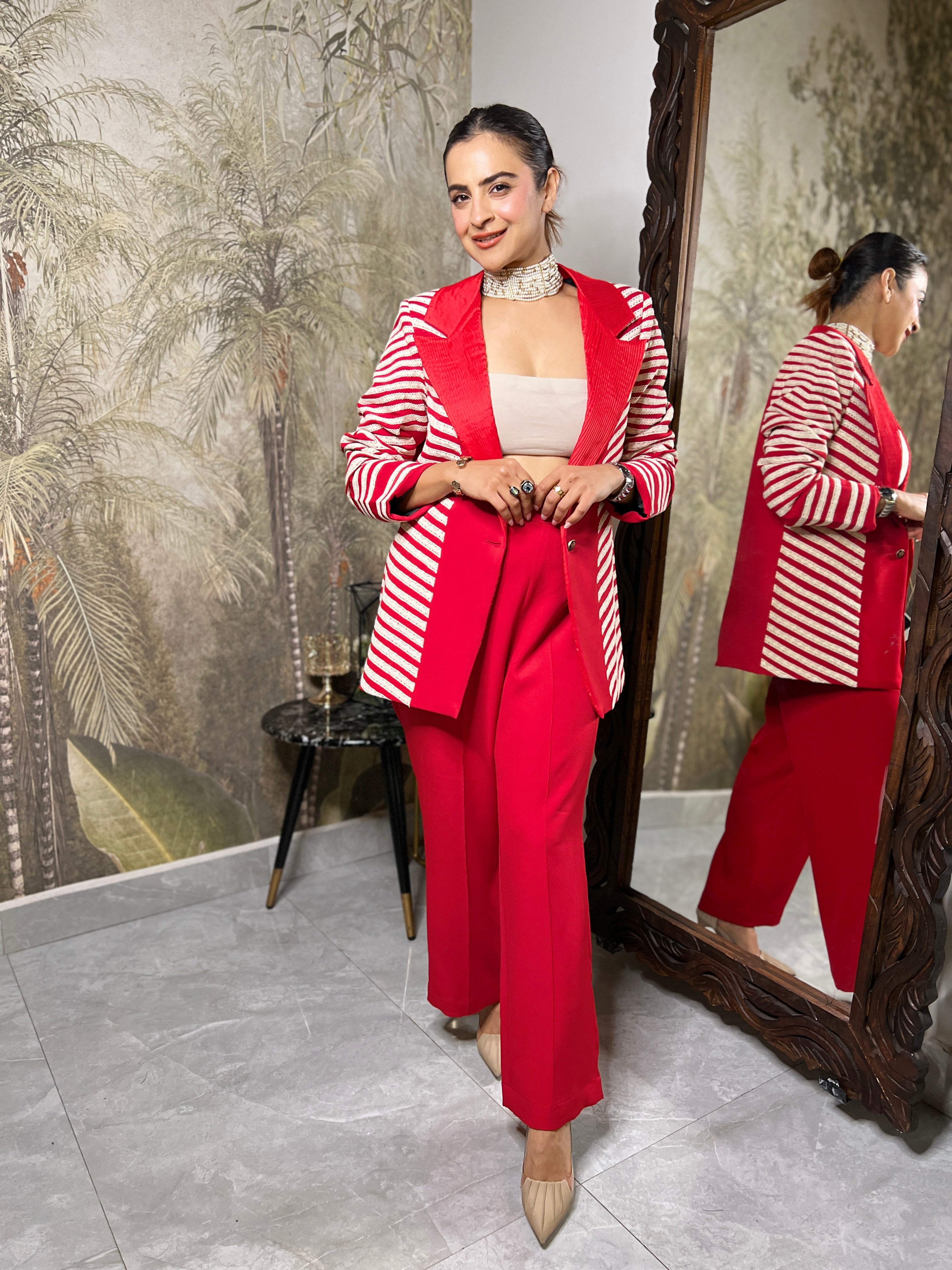 Red illusion power blazer set