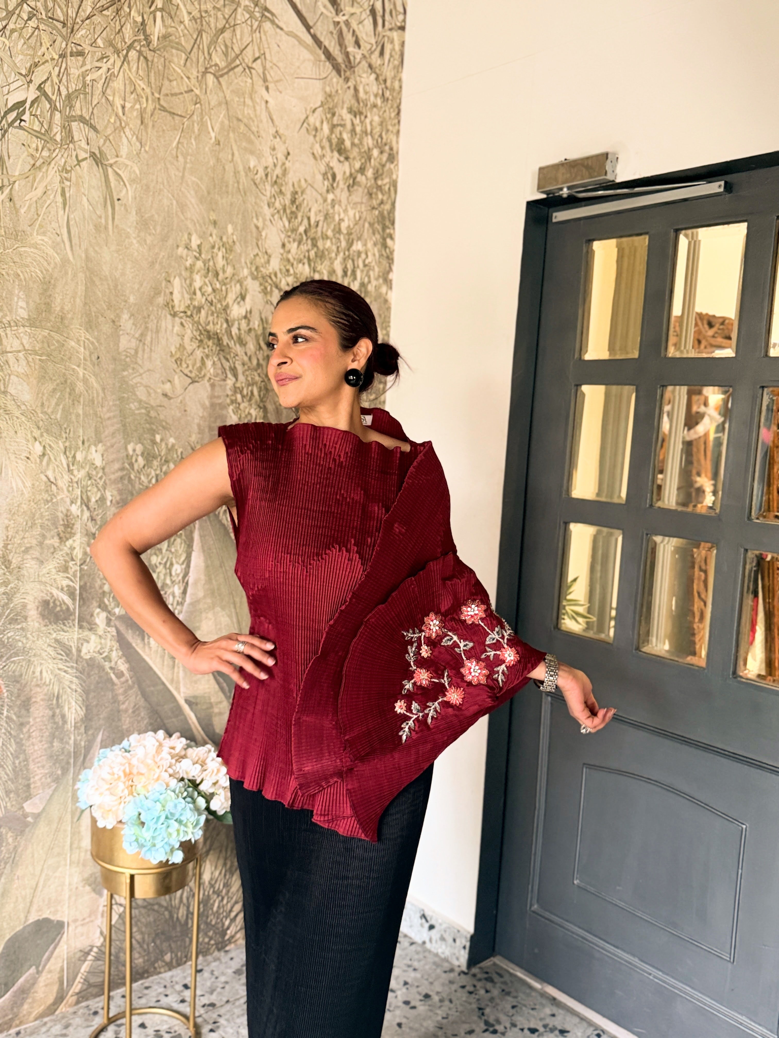 Sangria Embroidered Lunar Bloom Top in Maroon