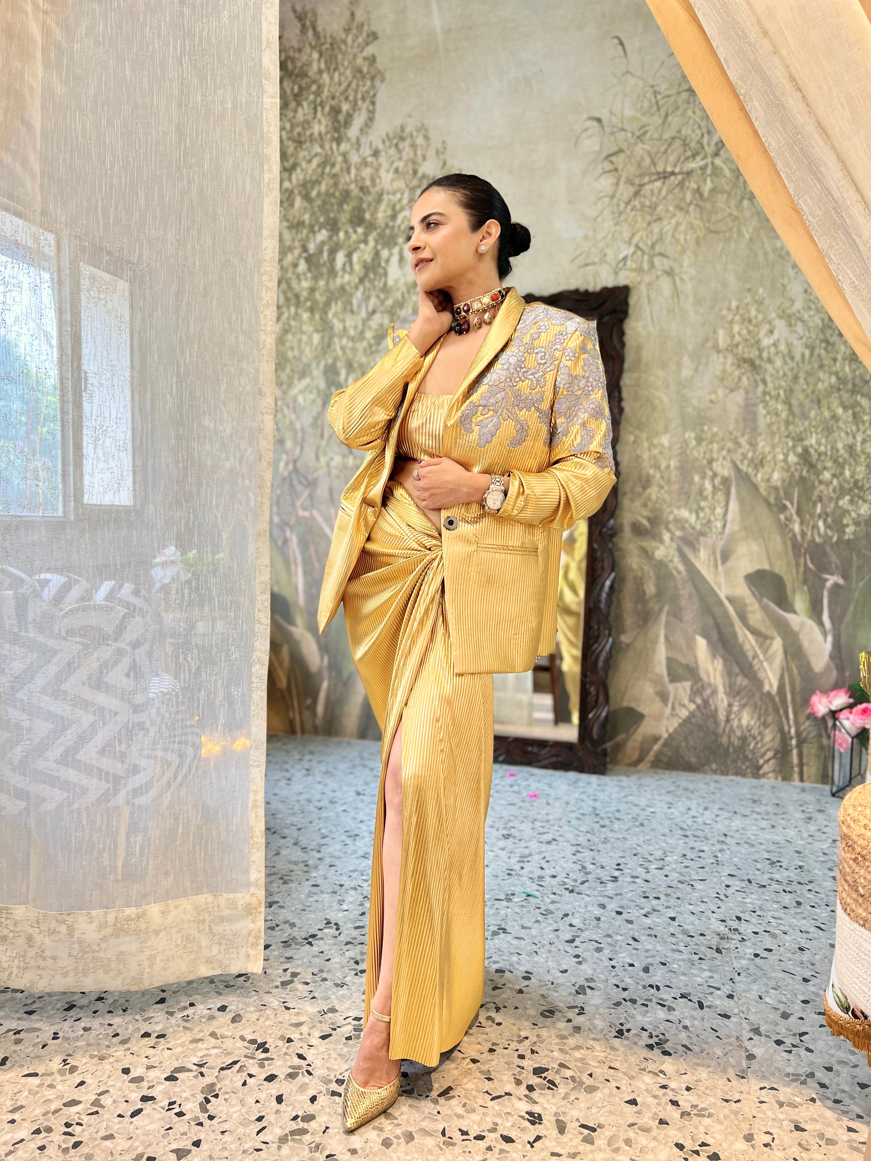 Gold Lust Power Drape Skirt Suit