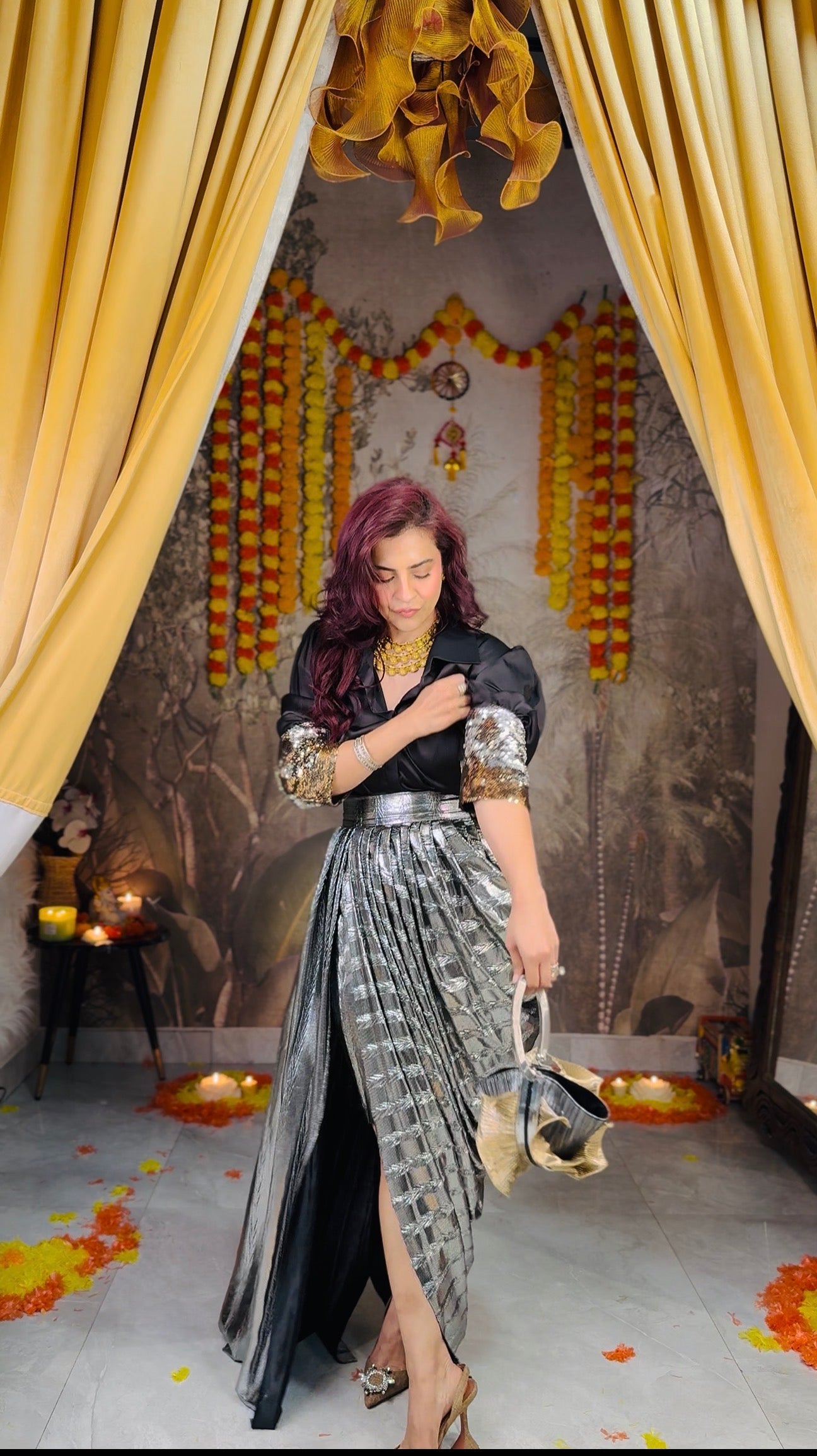 Black Armani shirt with Silver foil cowl skirt
