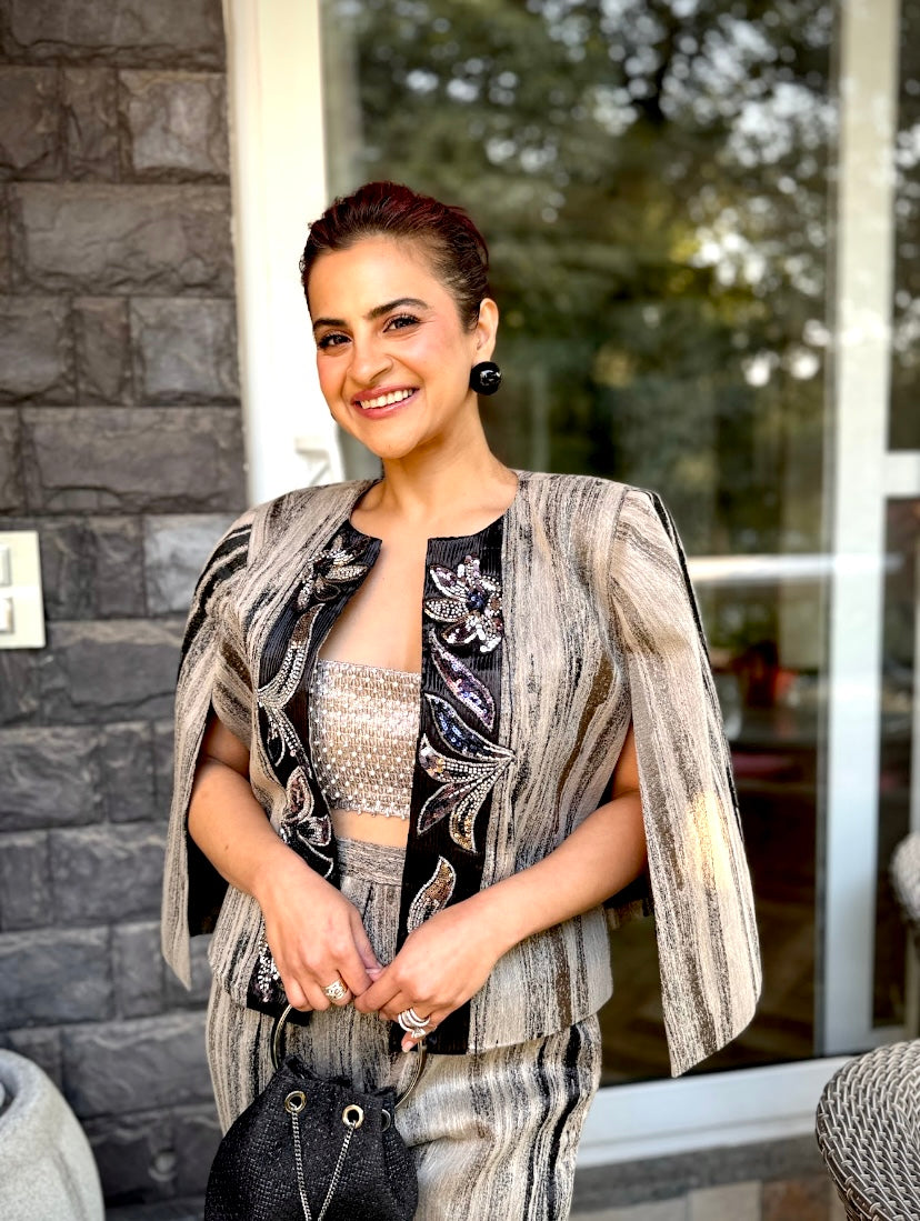 Charcoal embroidered Cape set in Grey