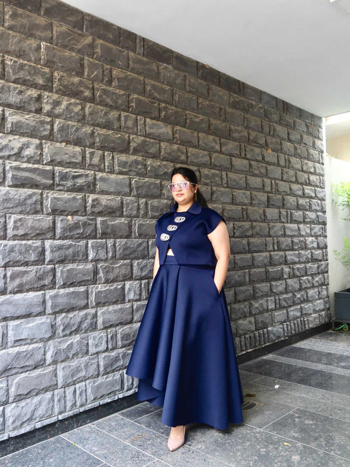 High low skirt set in Navy blue neoprene edit