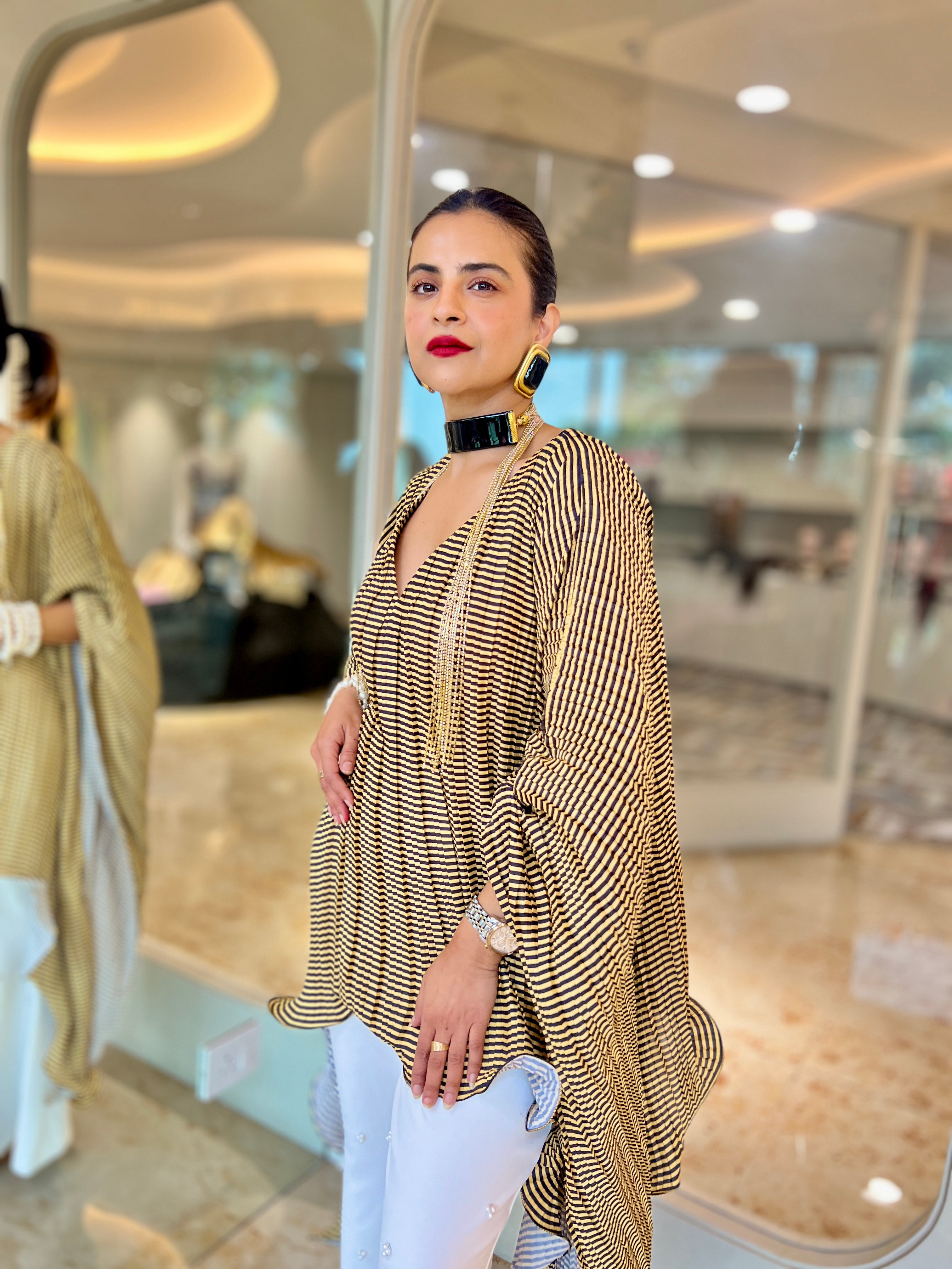 Yellow stripe v neck kaftan moon set