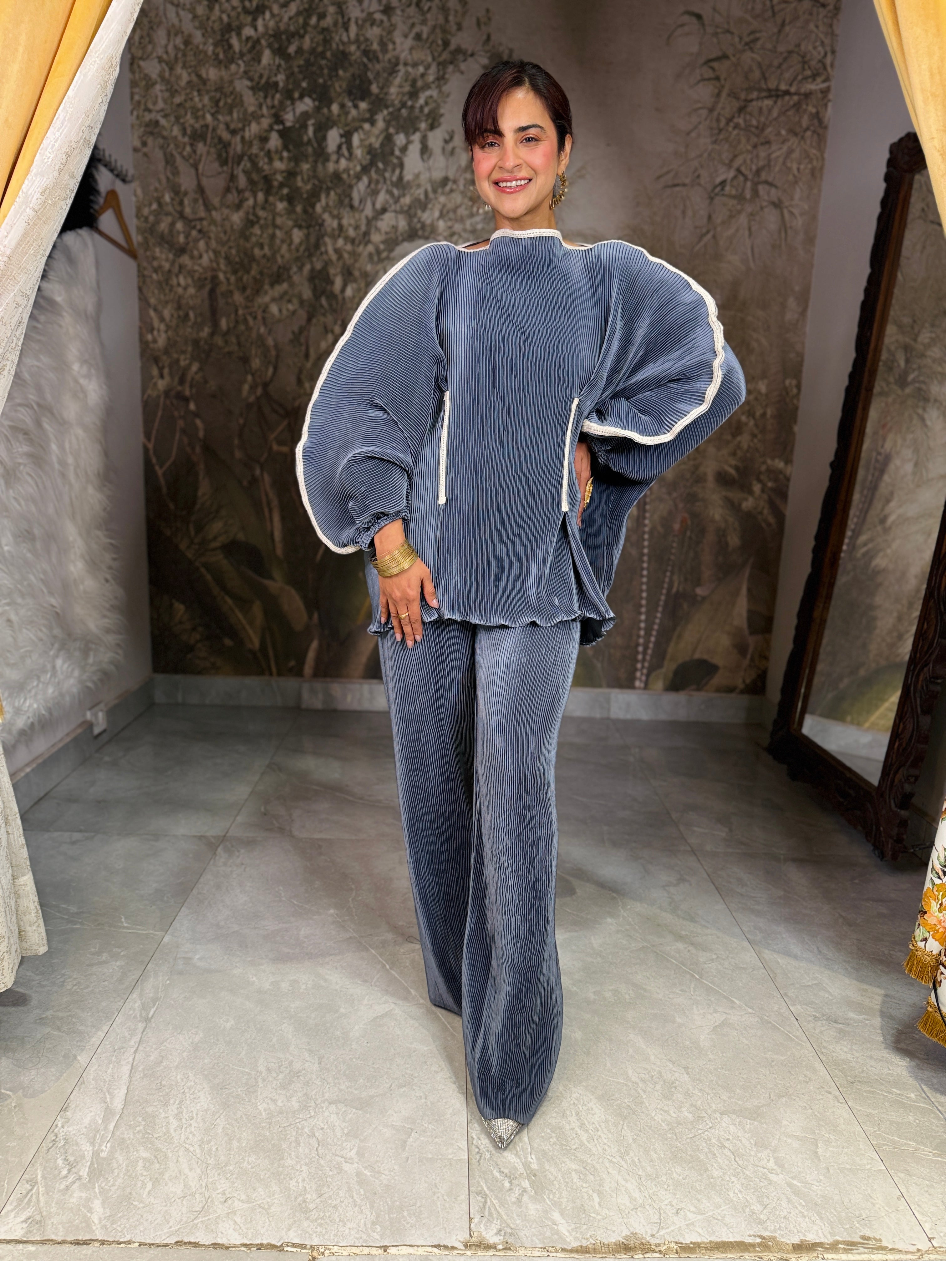 Teal grey straight pleats moon co ord set