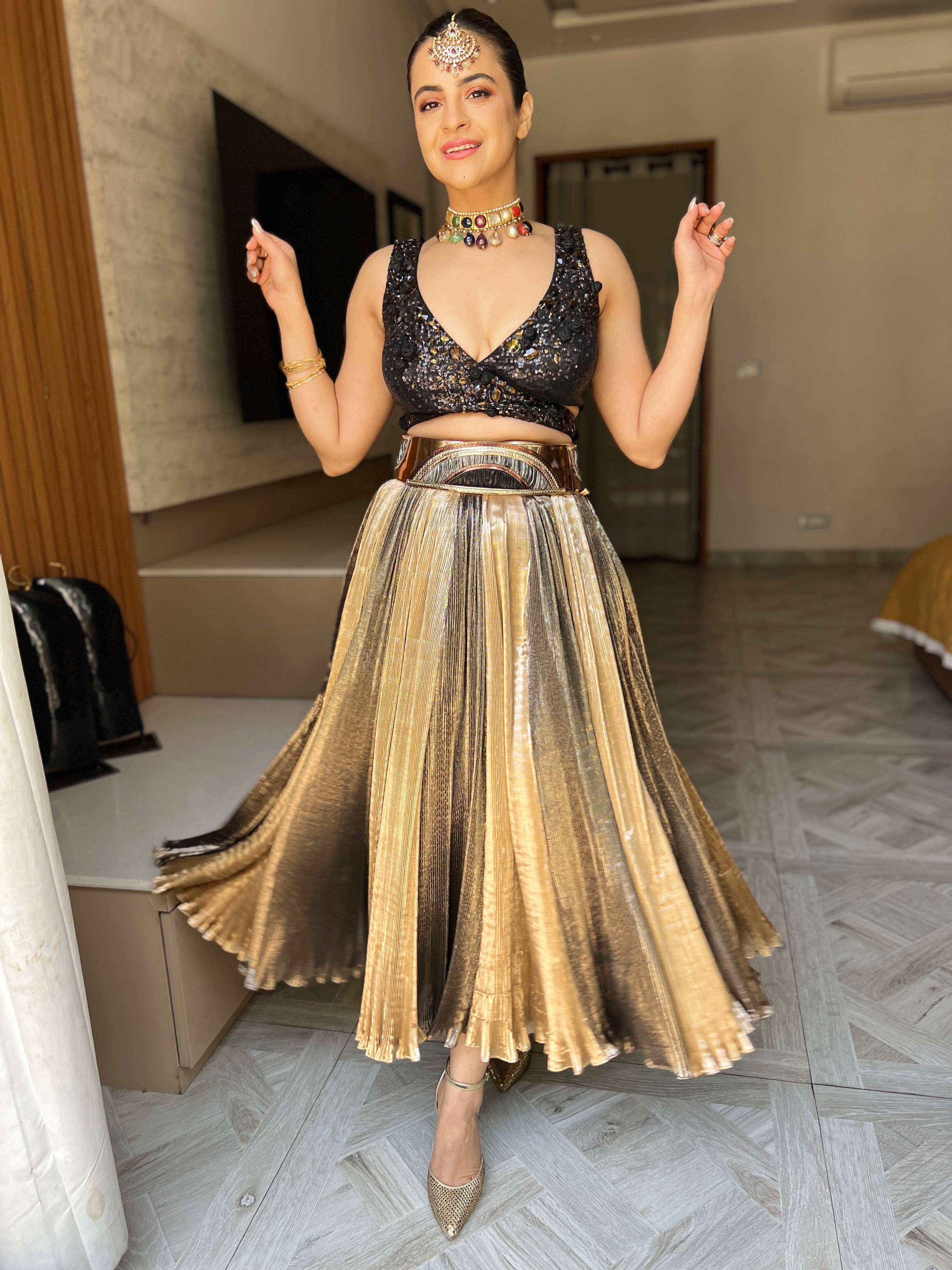 Zuri Gold lehenga with embroidery blouse in Gold and black