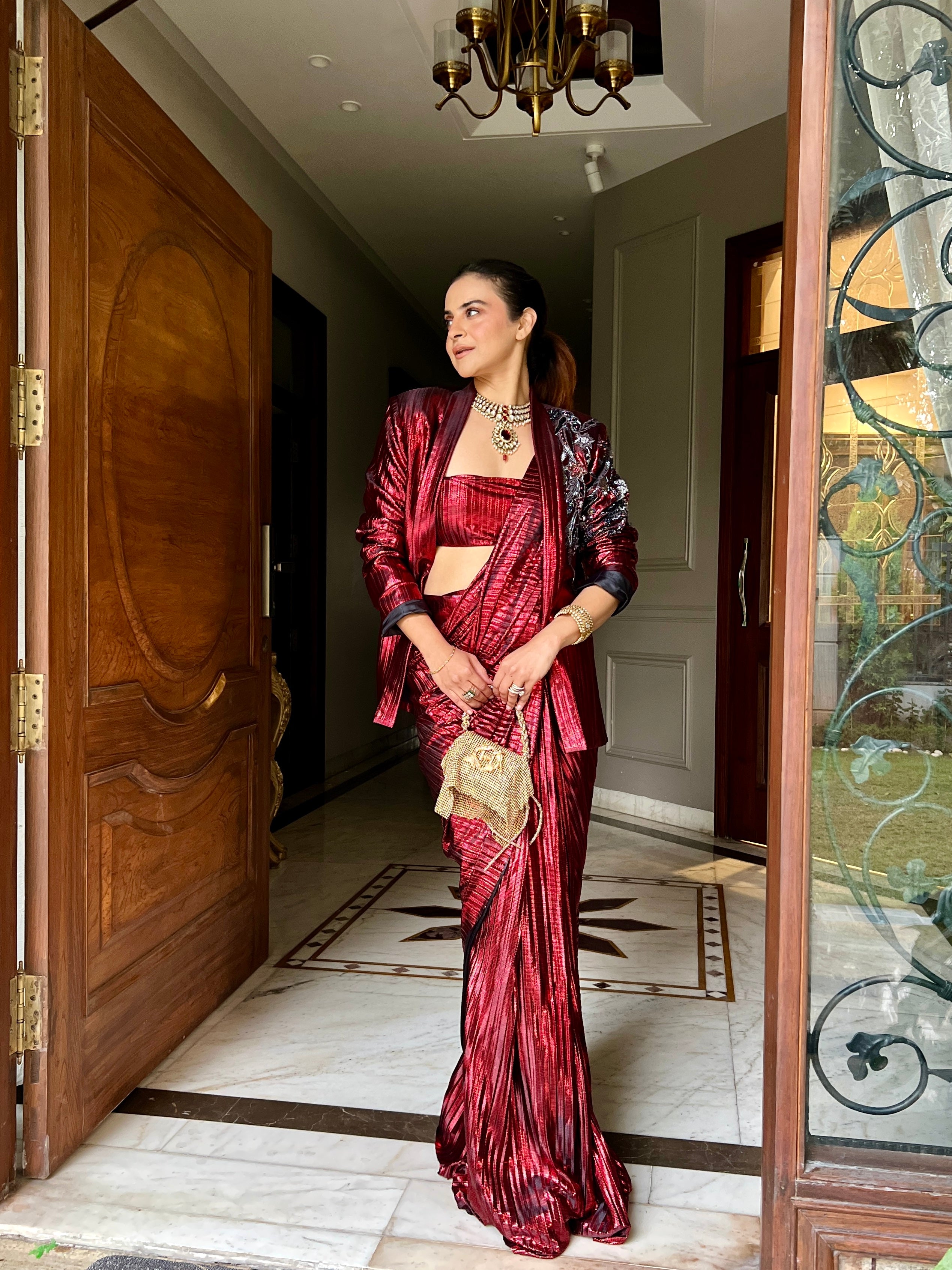 Venetian Red pre-draped saree set