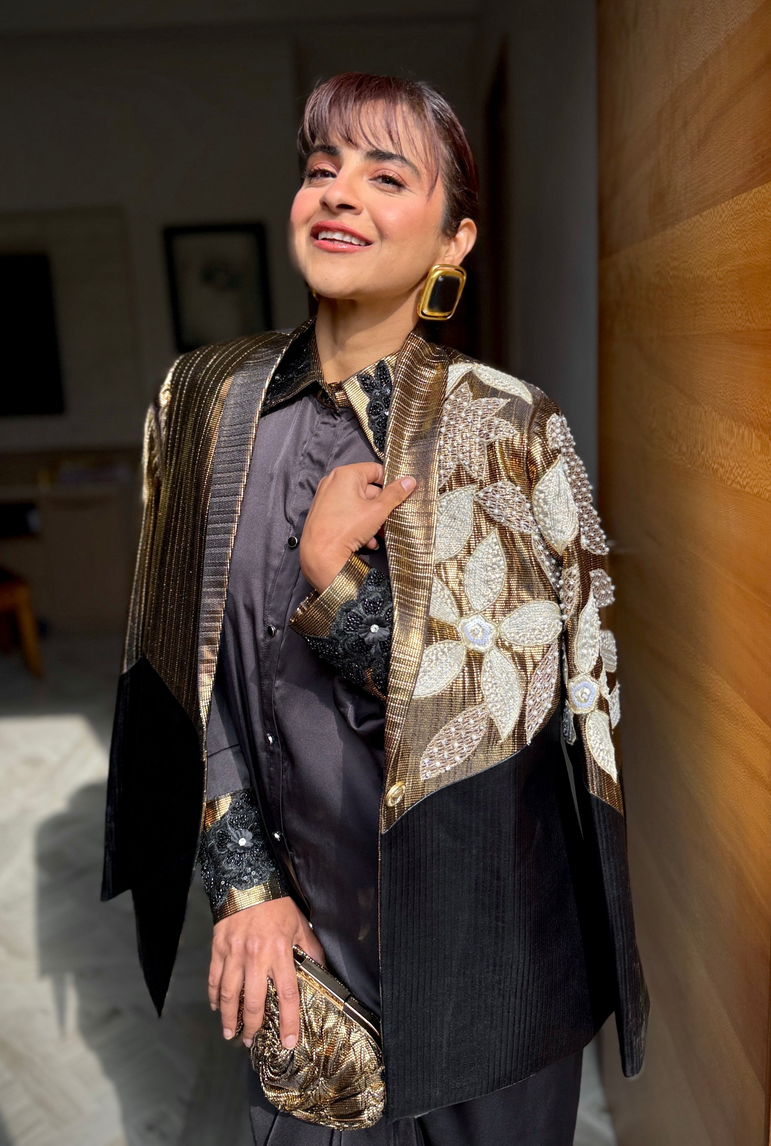 black armani gold foil emb shirt with skirt and power blazer