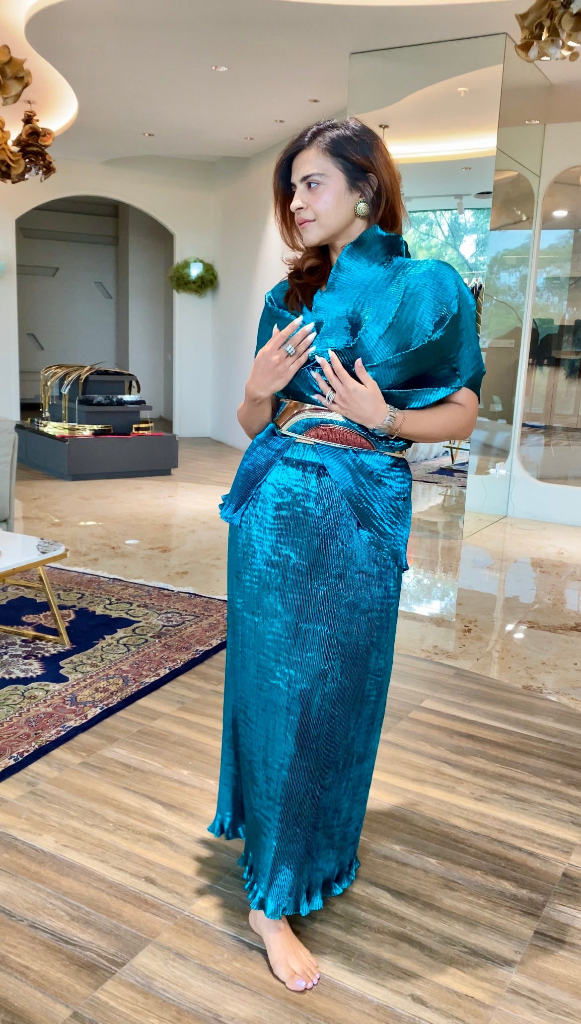 Teal blue shimmer multi drape skirt set