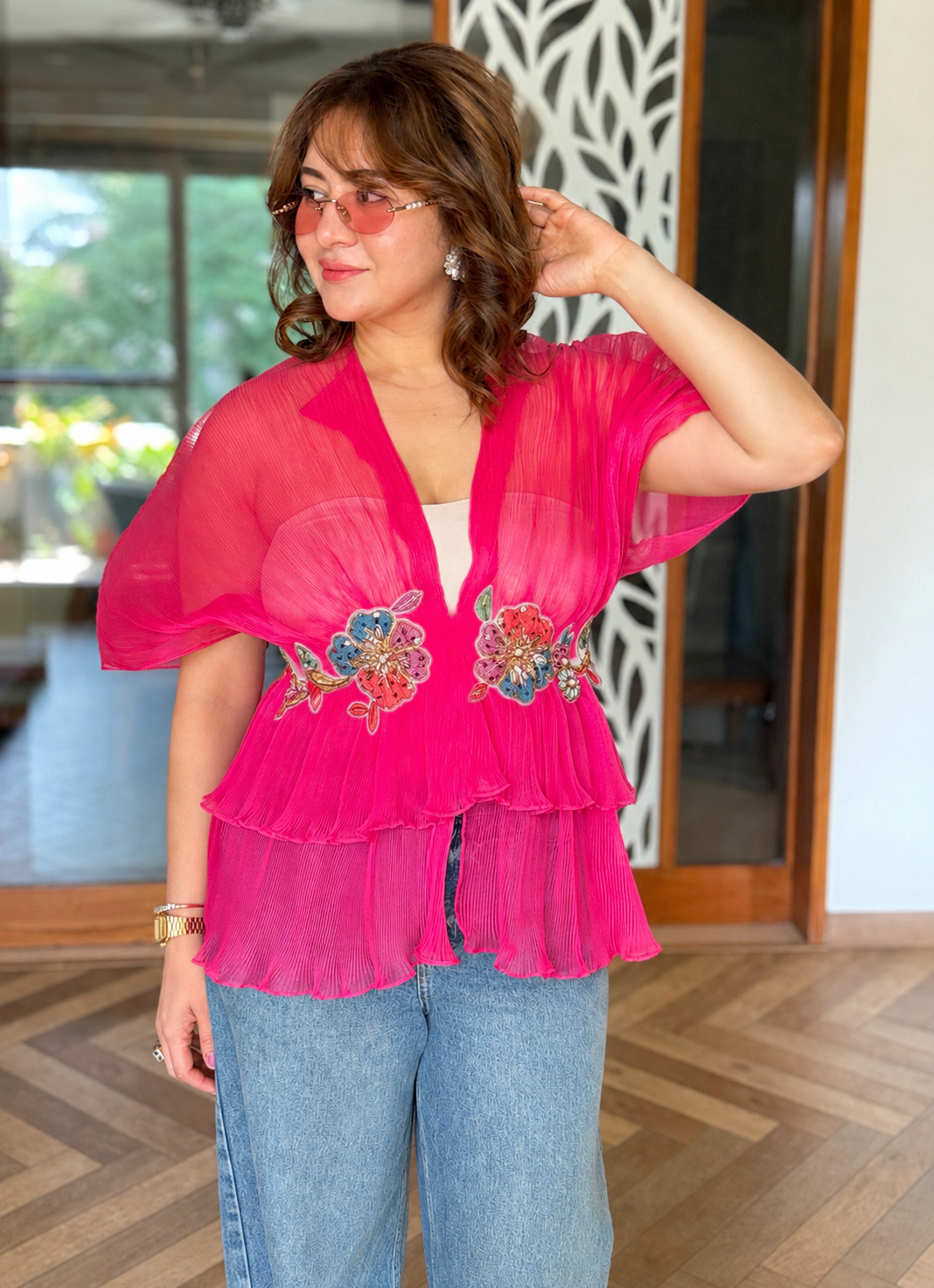 Pink embroidered moon top