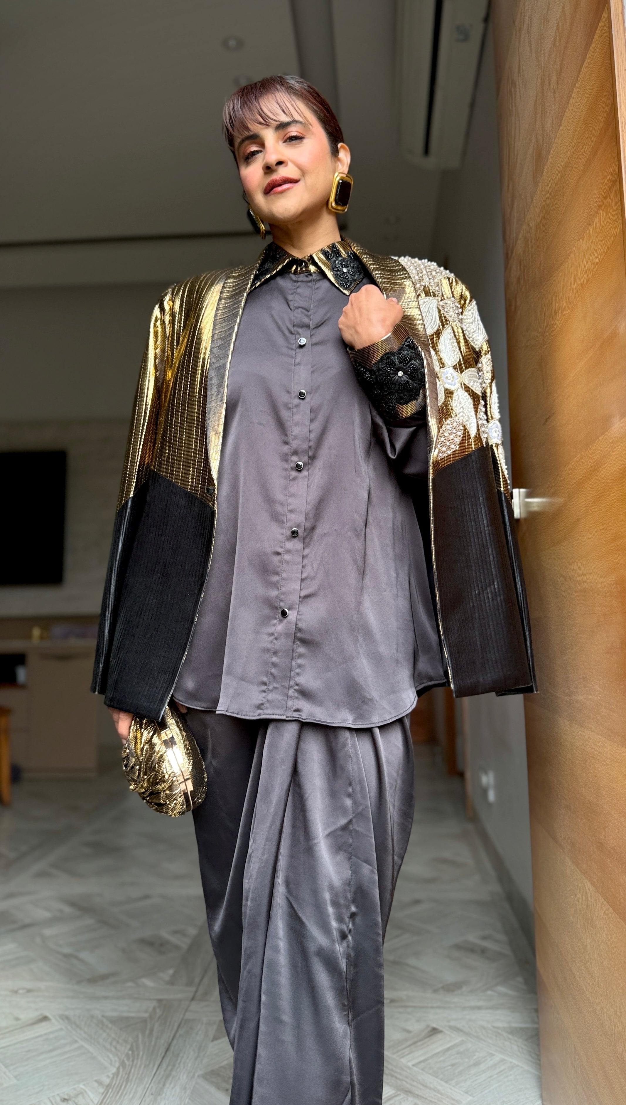 black armani gold foil emb shirt with skirt and power blazer