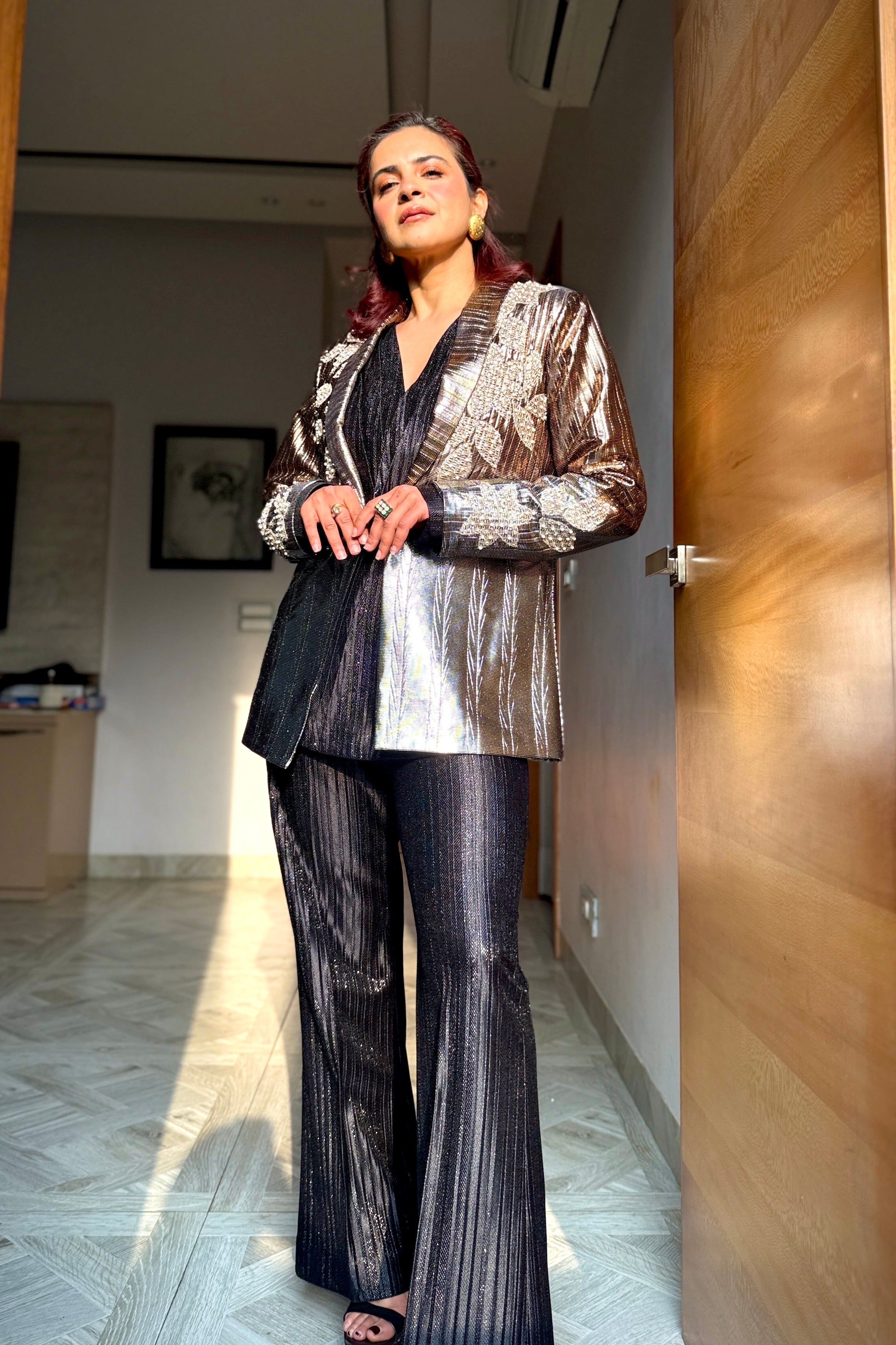 Argent Ember Power Blazer Pants set in Copper silver and black