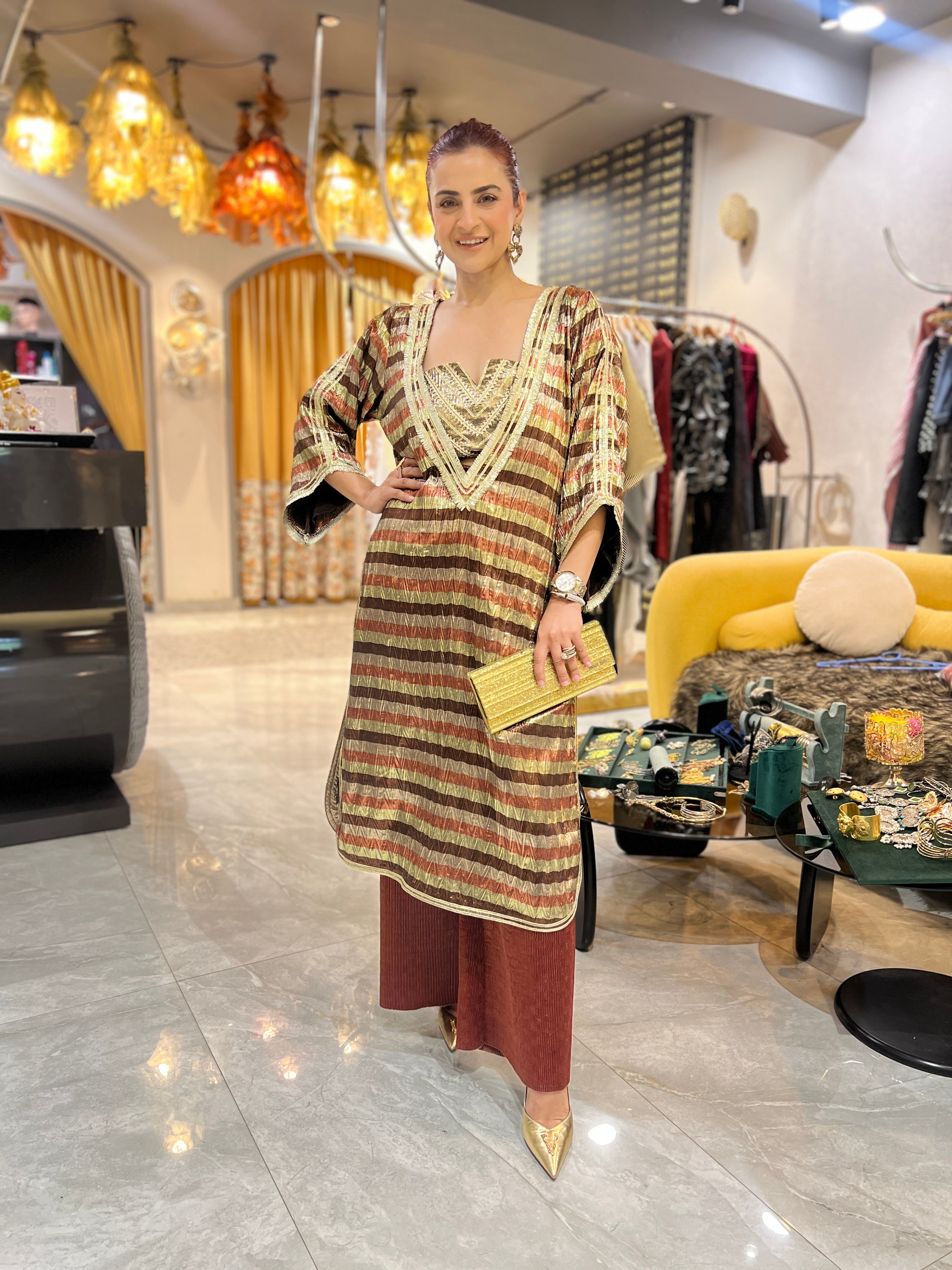 Deep neck maroon multicolor gota embroidered kurta pants set with earrings