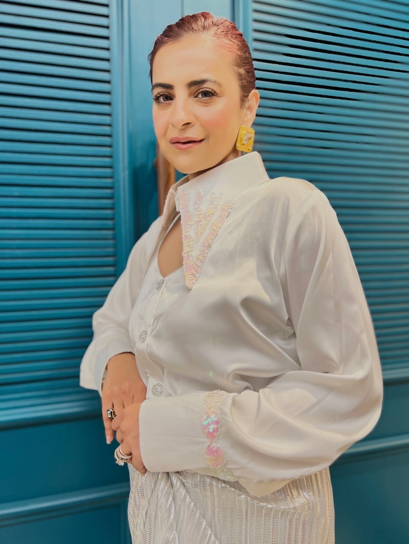 white armani unicorn shirt and  foil skirt