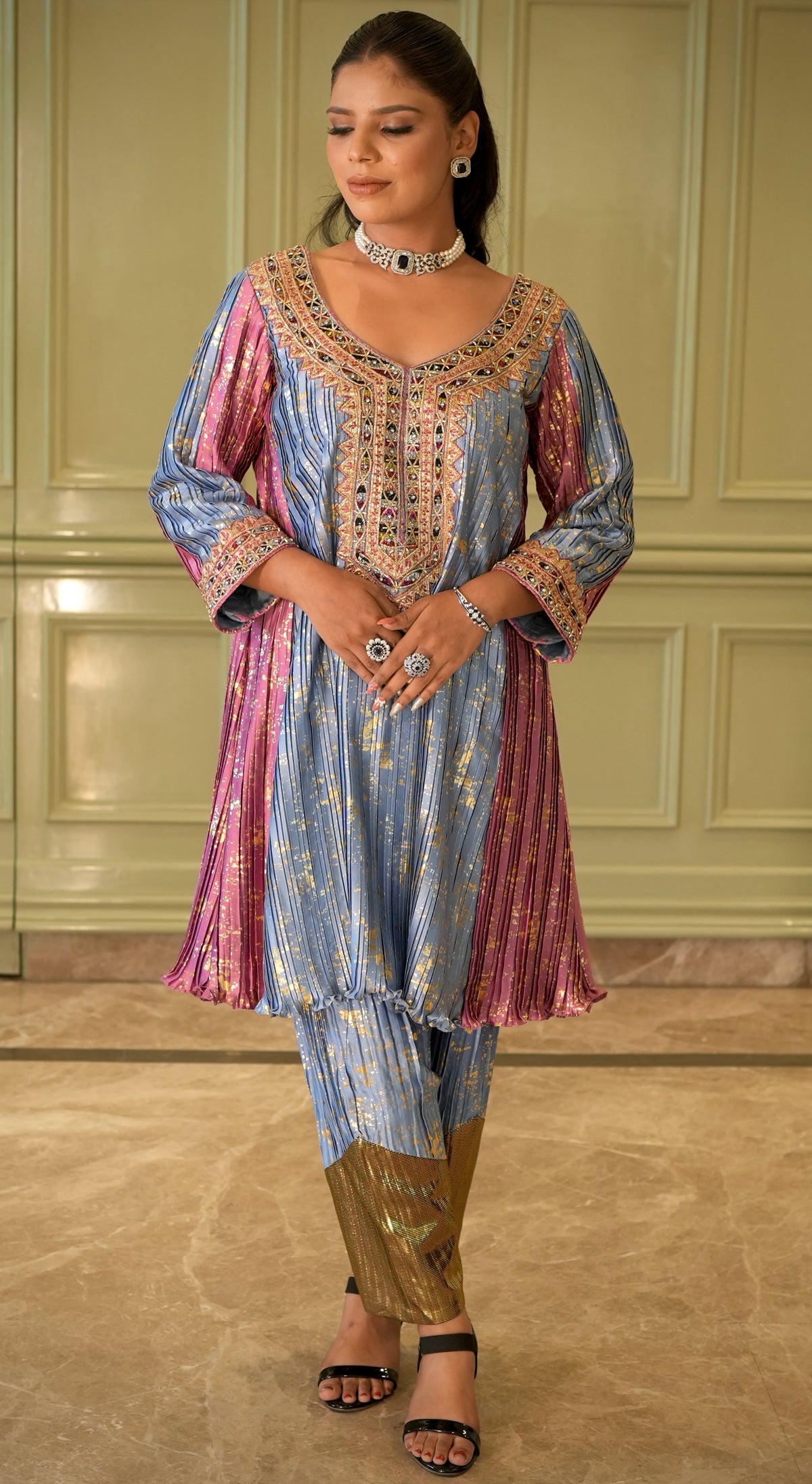 Anarkali suit with dupatta in Pink and Blue