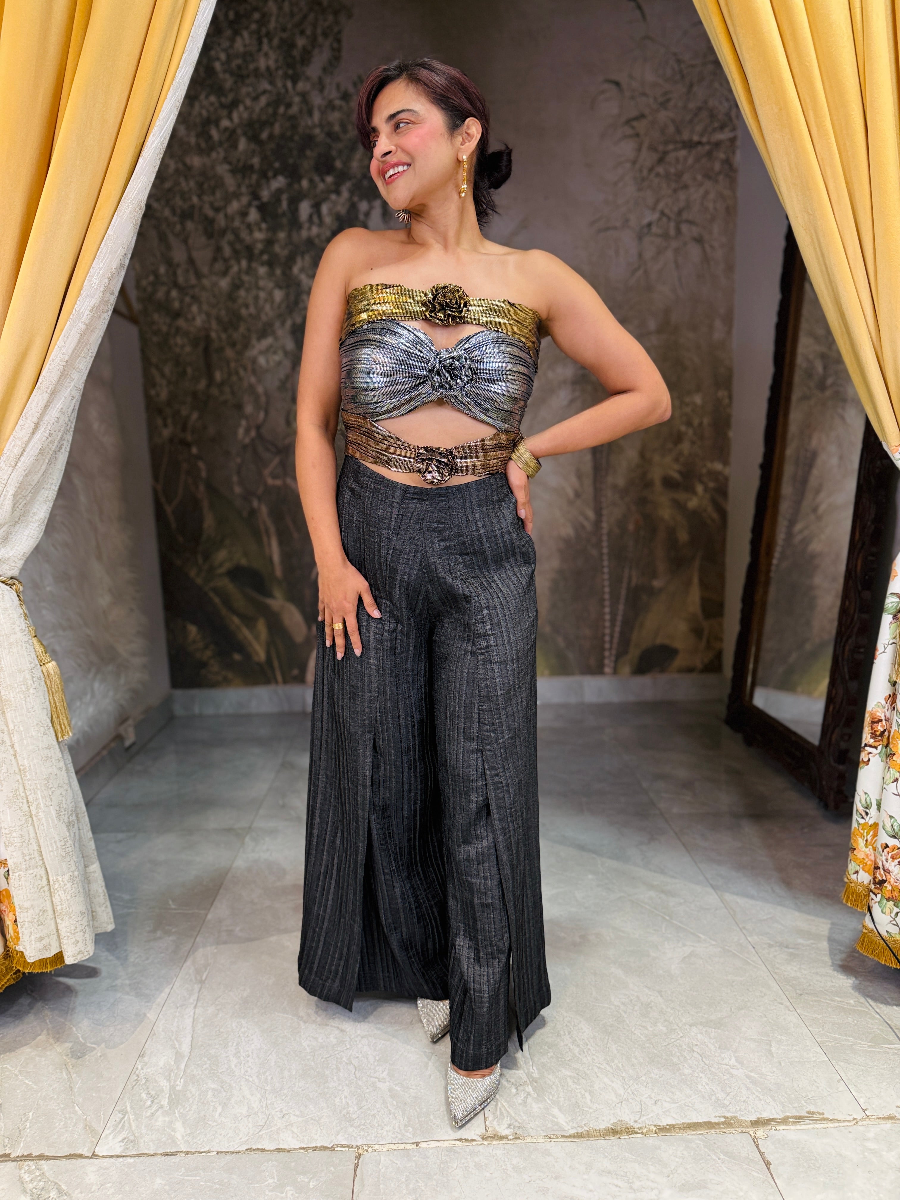 Foil jumpsuit with denim