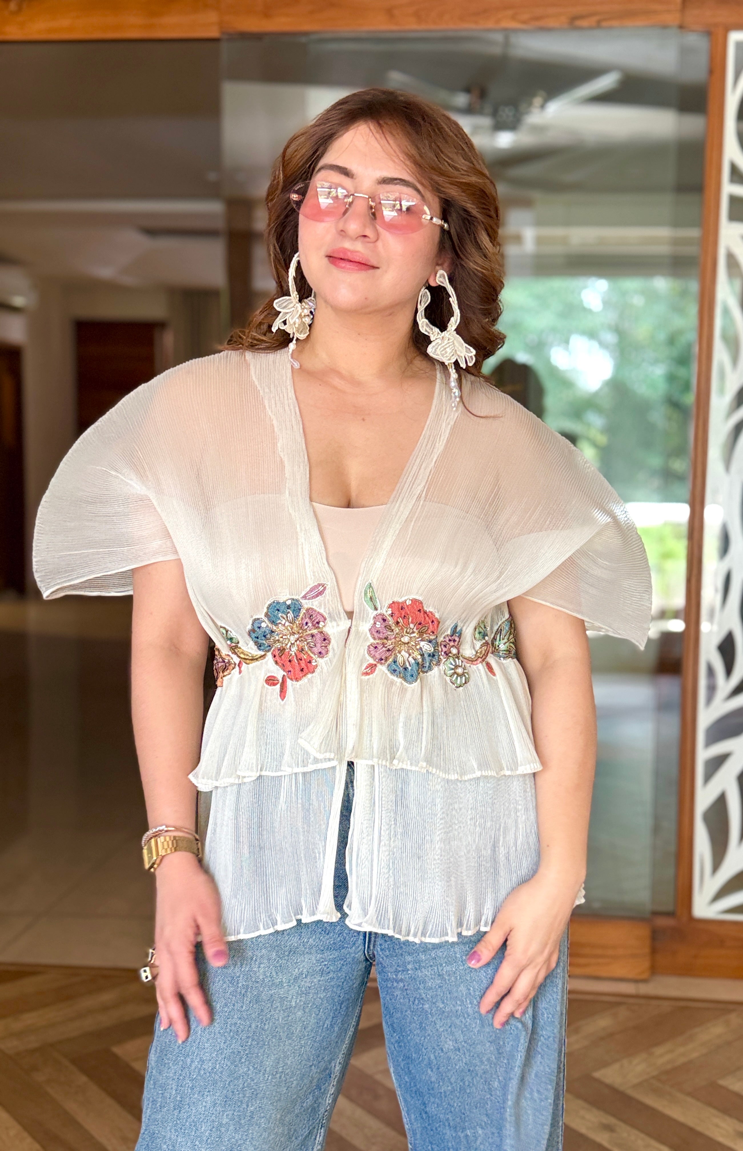 Ivory multi-color embroidered Moon Top