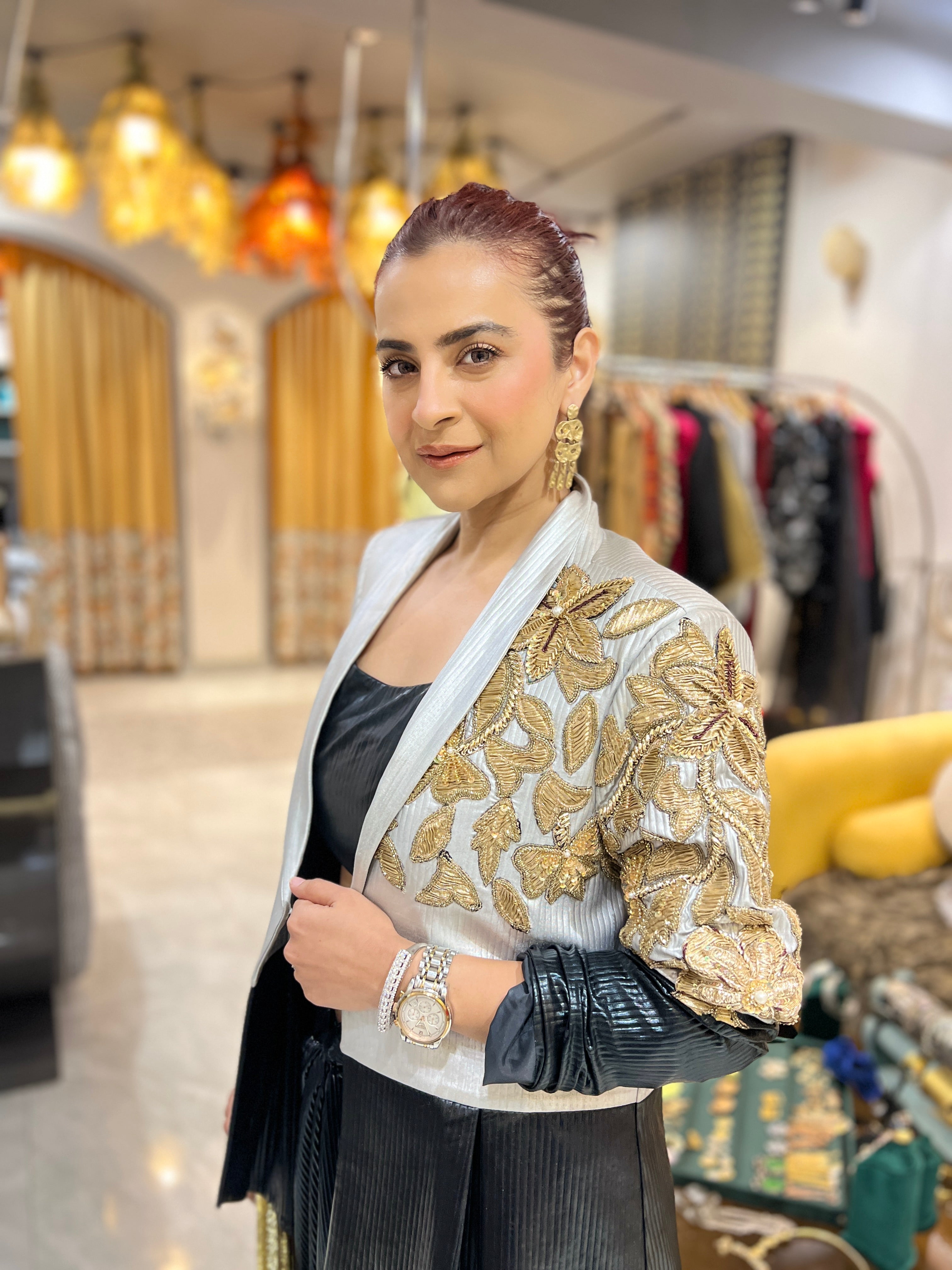 Black & silver leather power blazer set with earrings