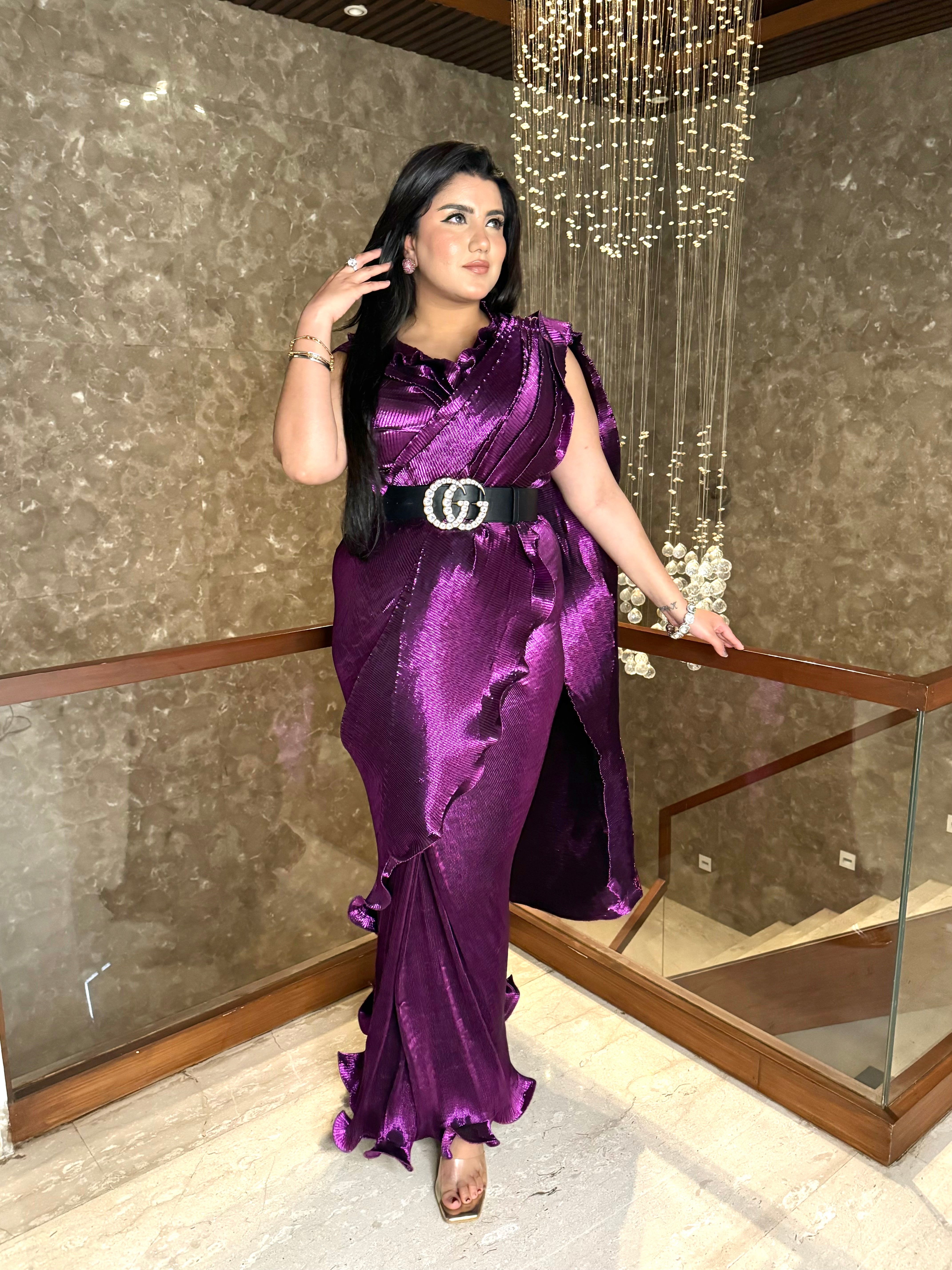 Pre-stitched saree with multi drape top in Viva Magenta