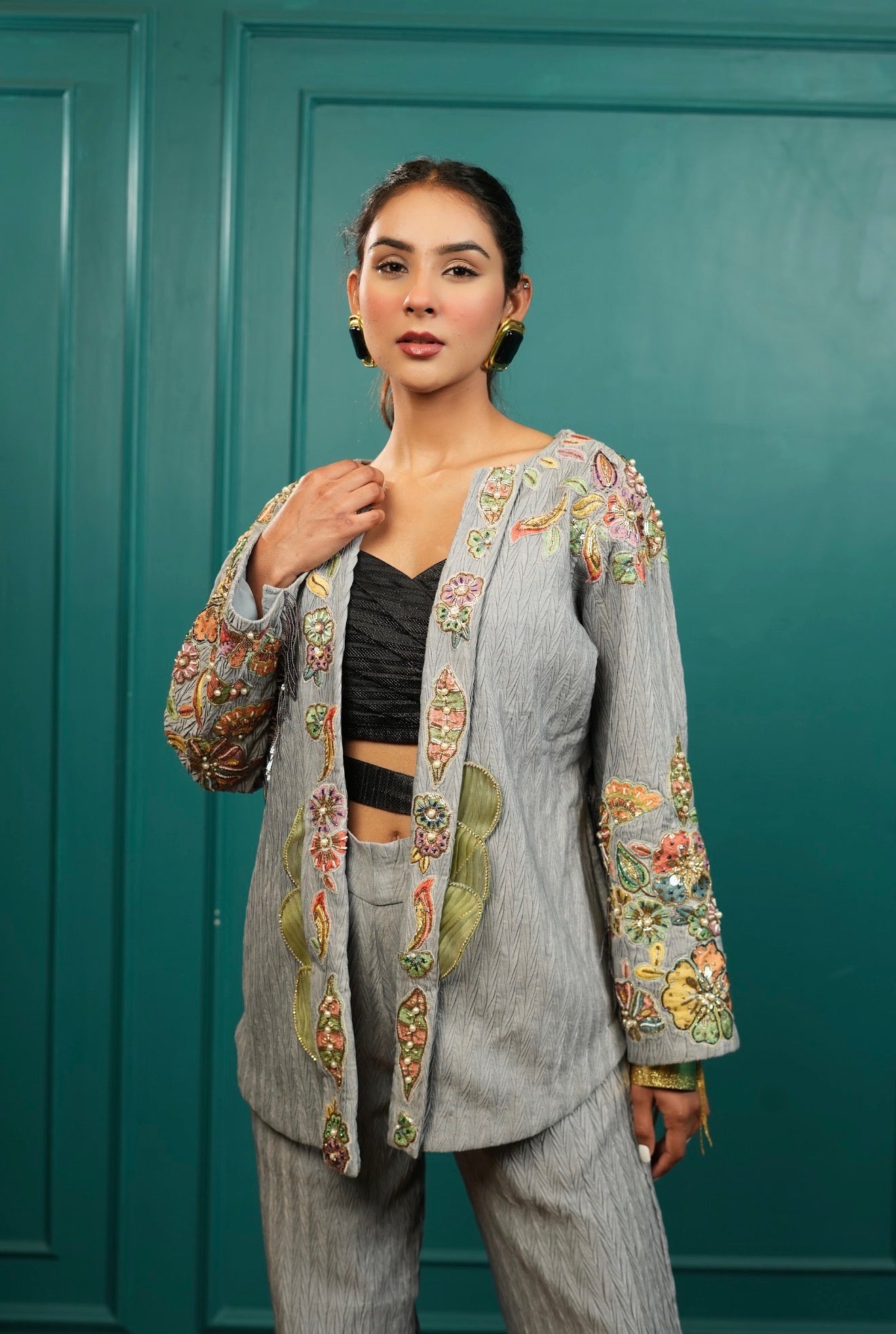 Dove grey denim embellished co ord set