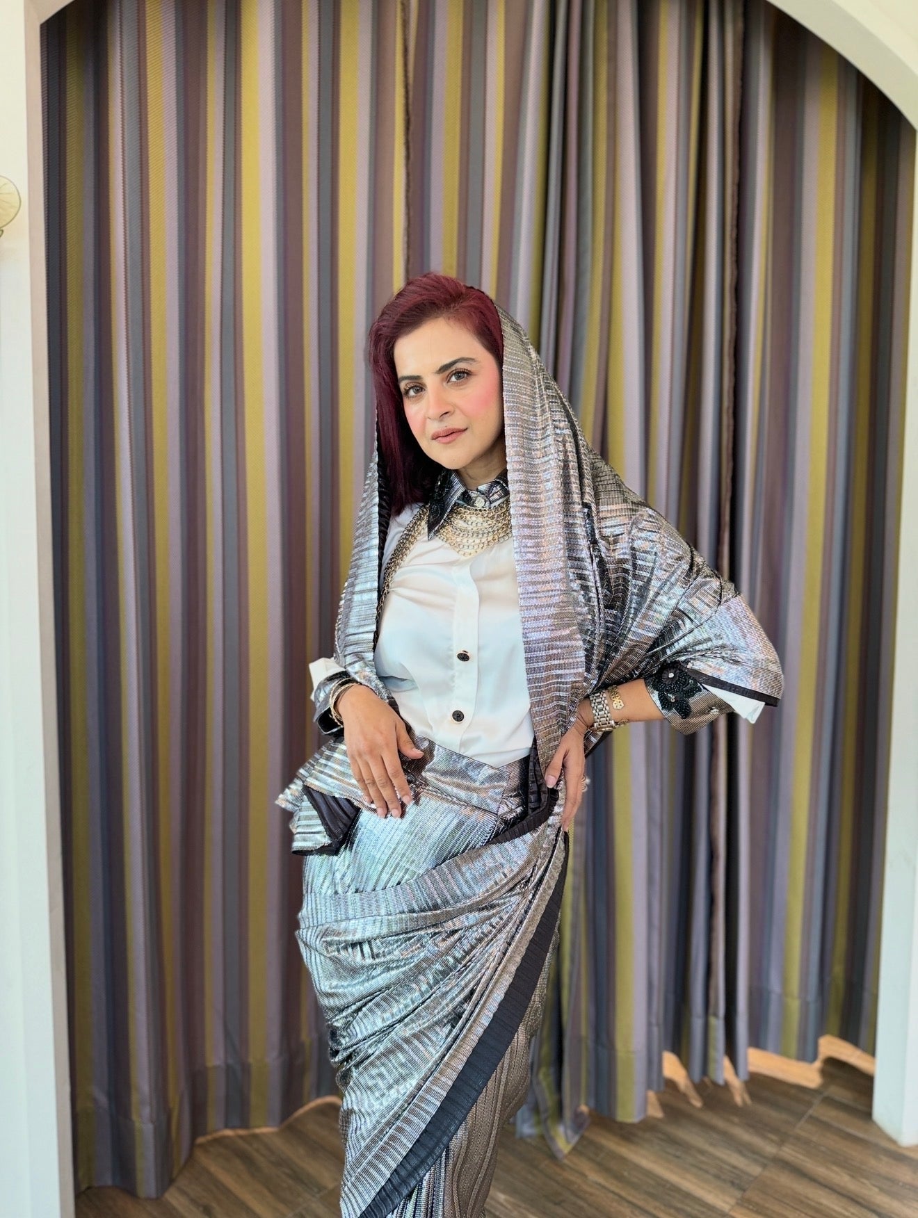 white armani shirt with silver foil emb