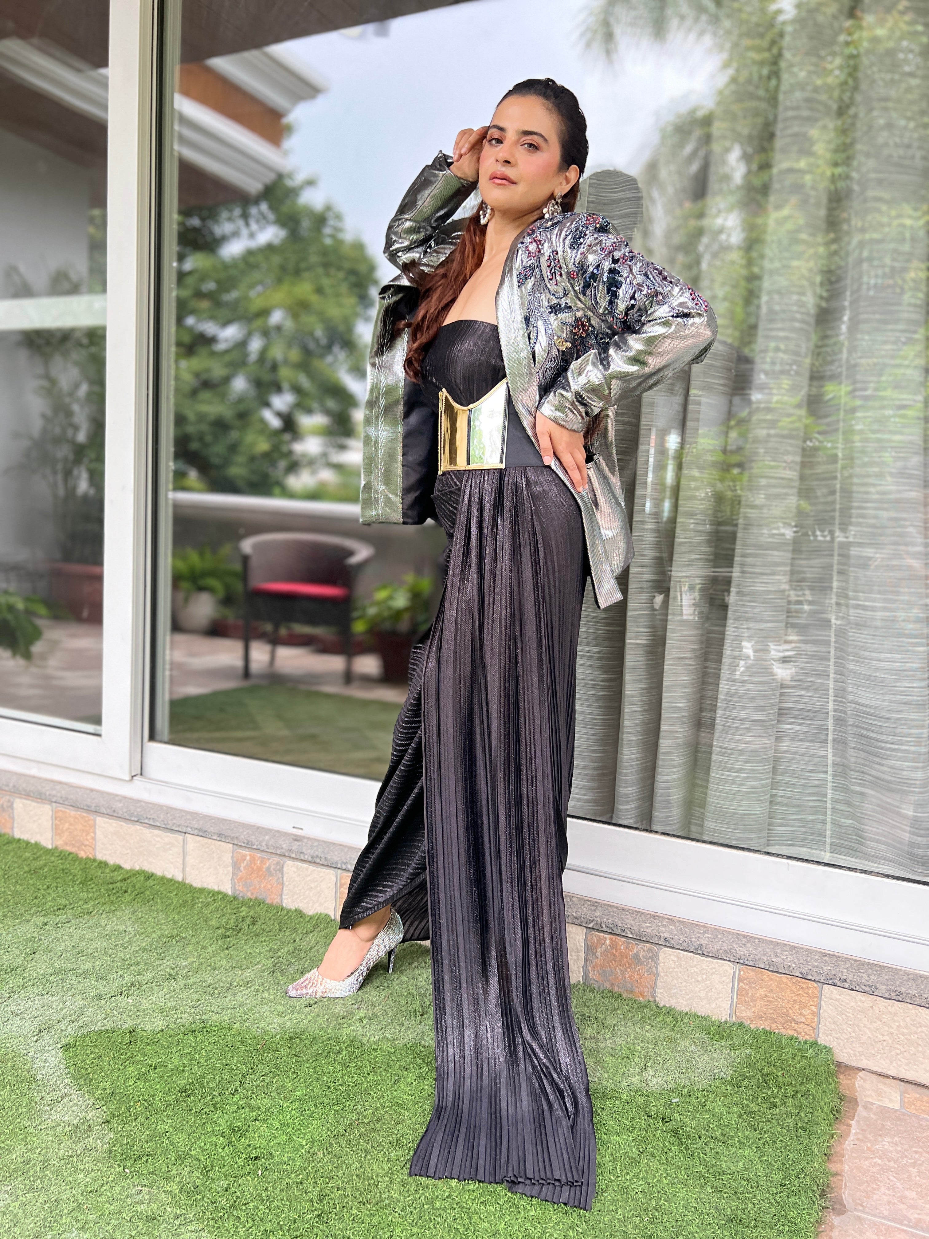 Onyx Silver blazer with drape gown set